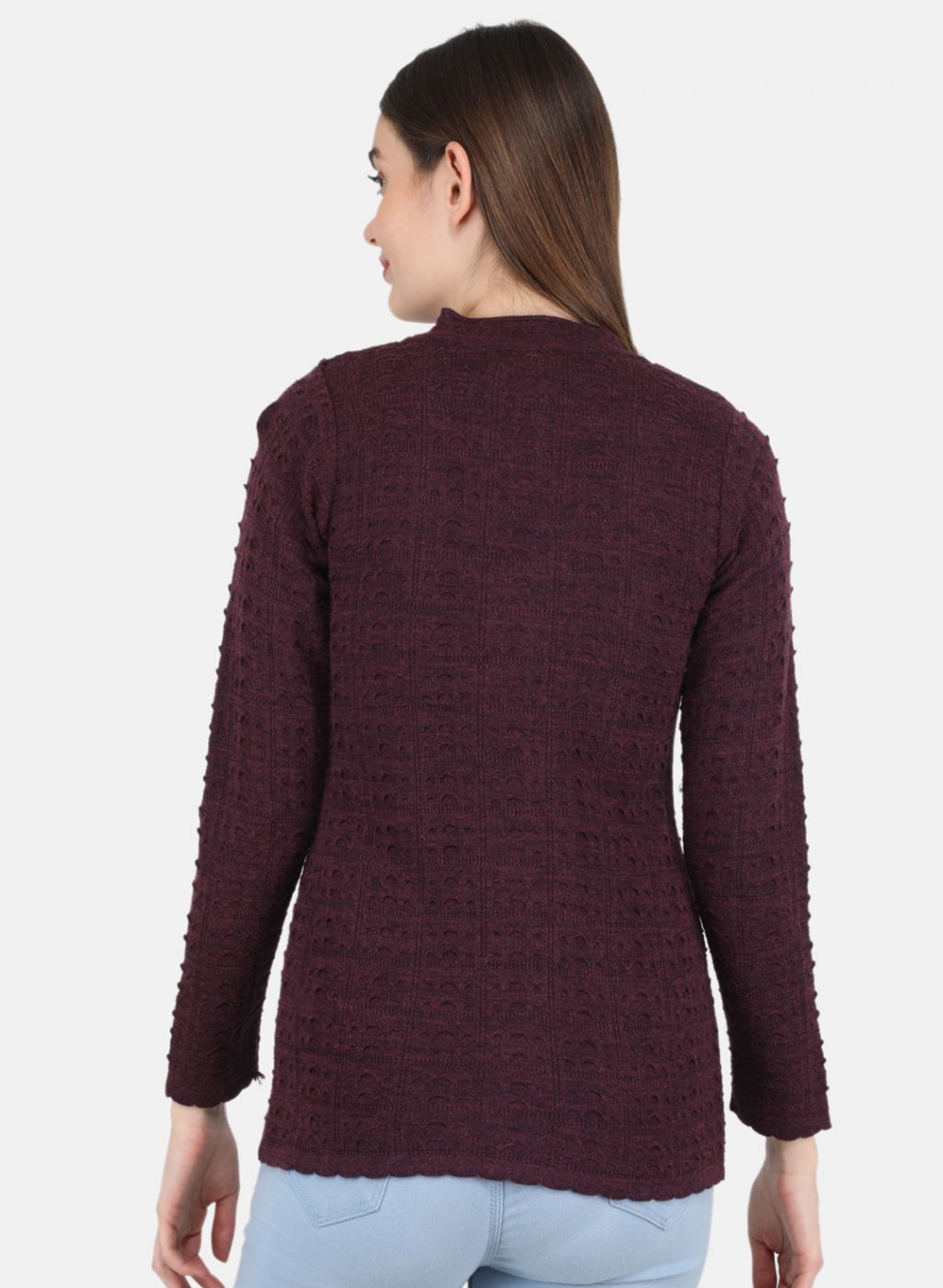 Women Maroon Self design Cardigan