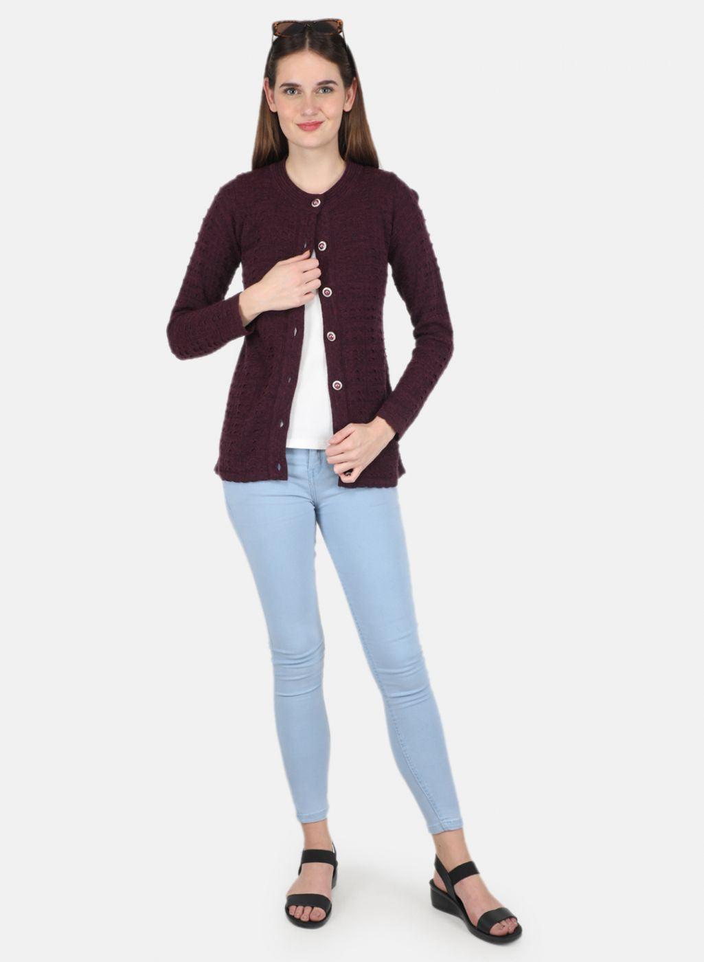 Women Maroon Self design Cardigan