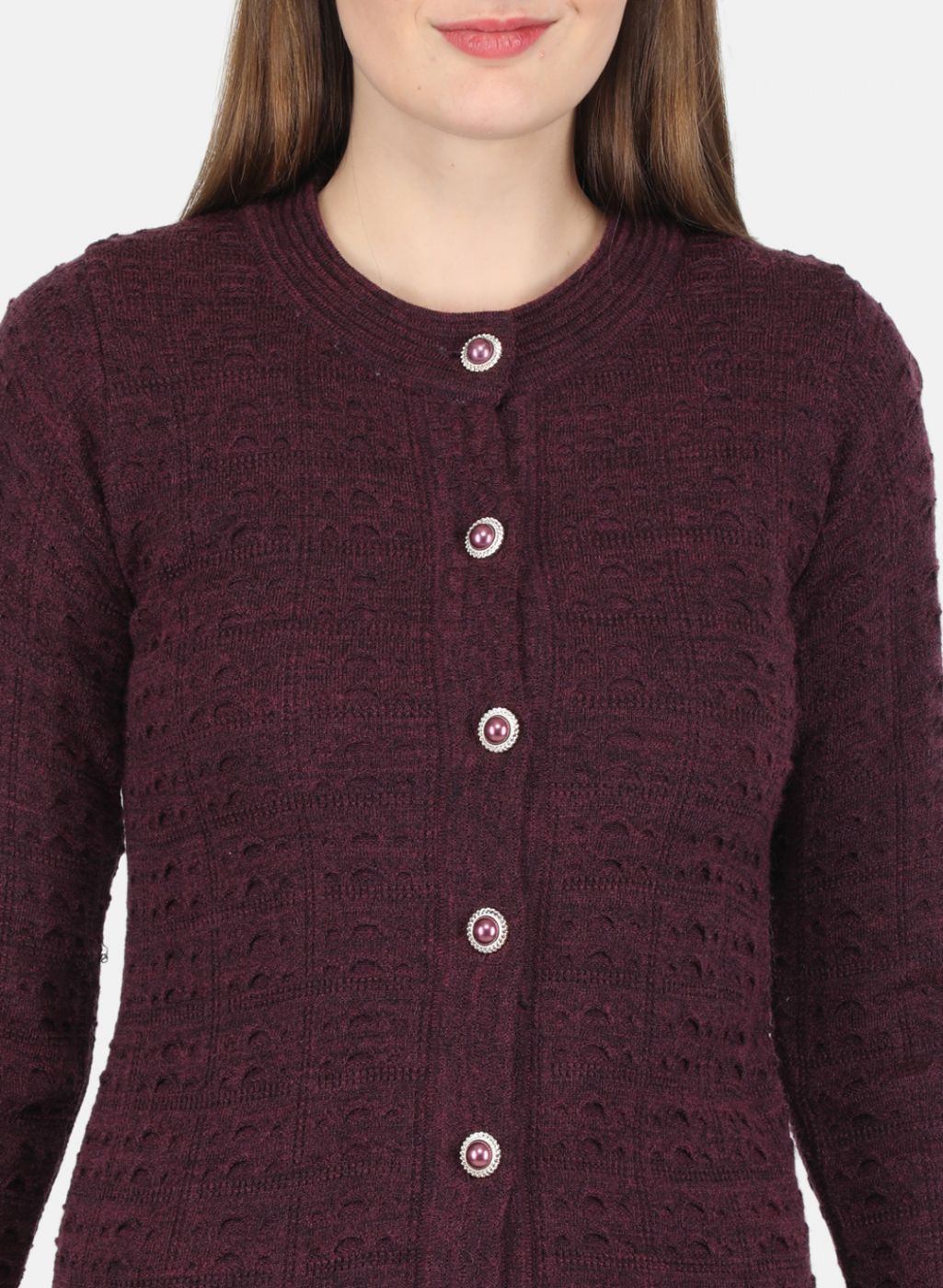 Women Maroon Self design Cardigan