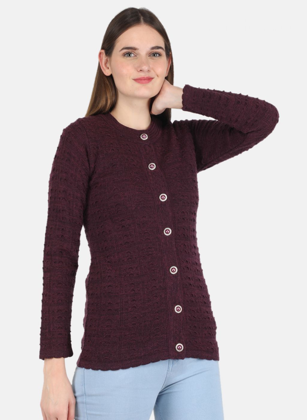 Women Maroon Self design Cardigan