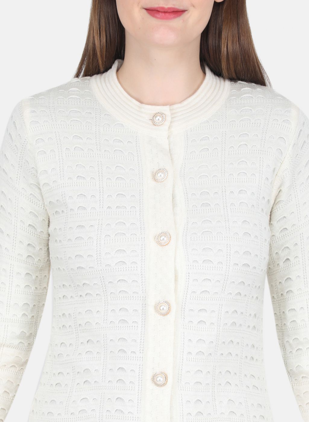 Women Off White Self design Cardigan