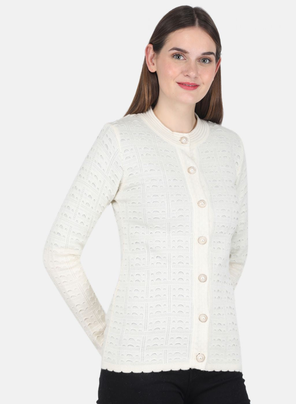 Women Off White Self design Cardigan