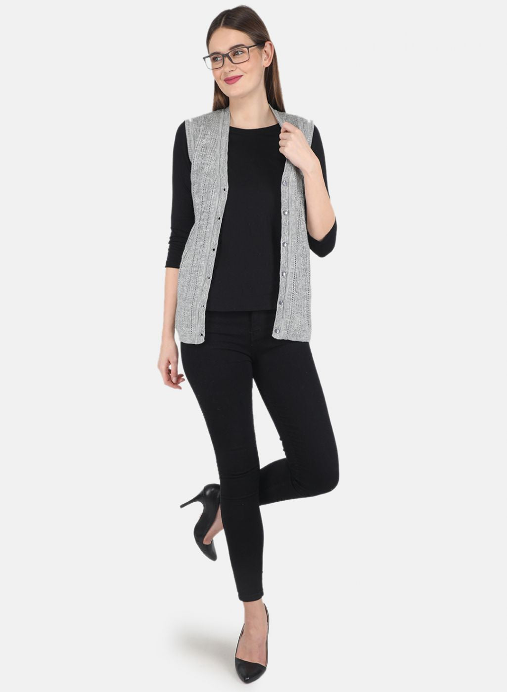 Women Grey Self design Cardigan