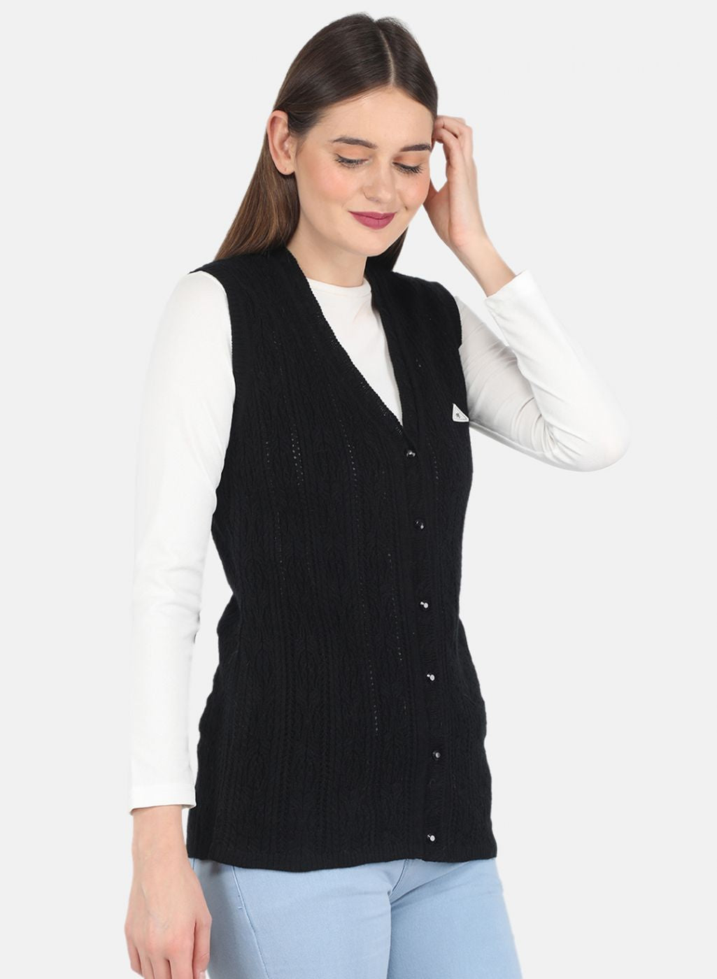 Women Black Self design Cardigan