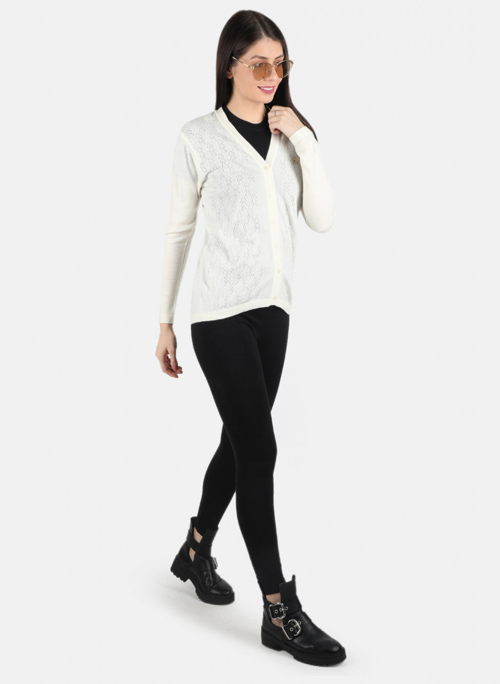 Women White Self Design Cardigan