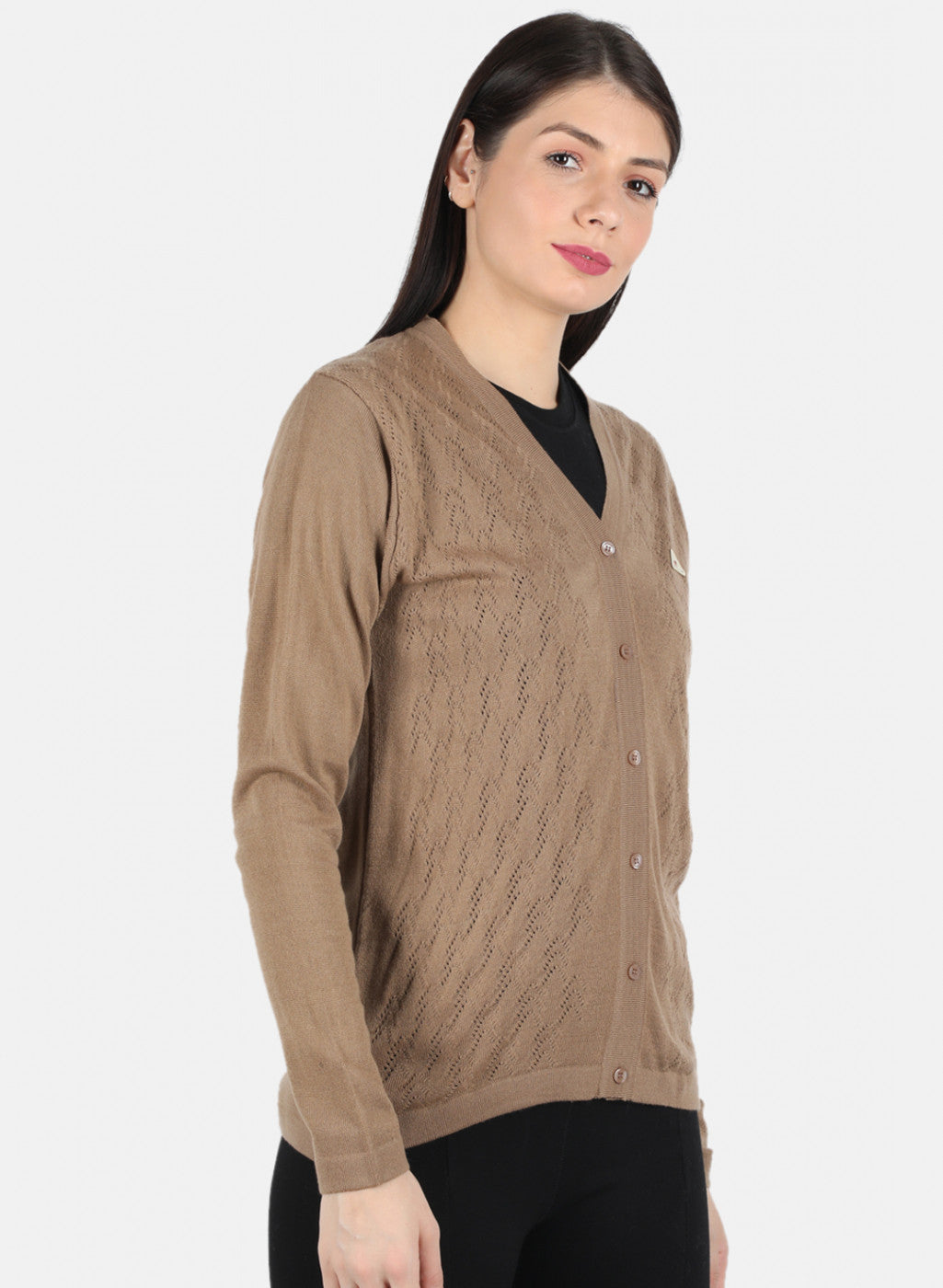 Women Brown Self Design Cardigan
