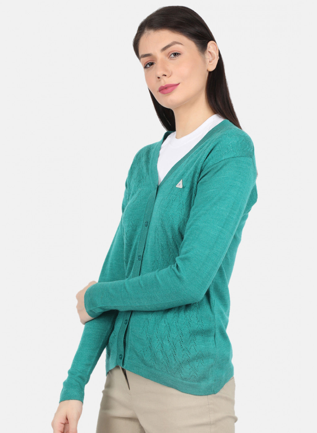 Women Green Self Design Cardigan