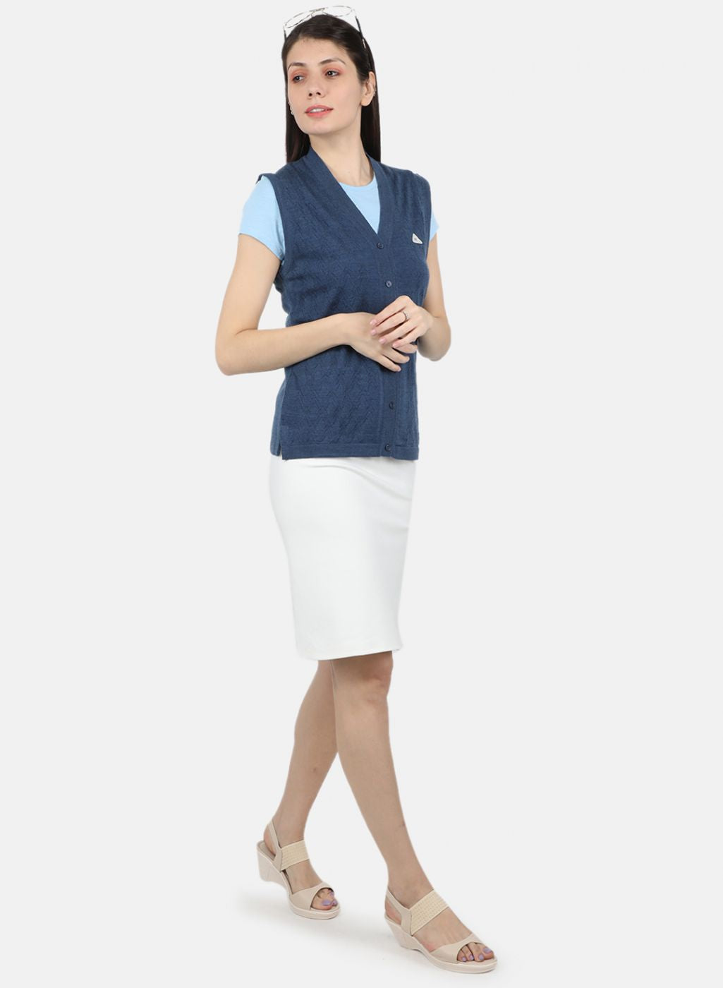 Women Blue Self Design Cardigan