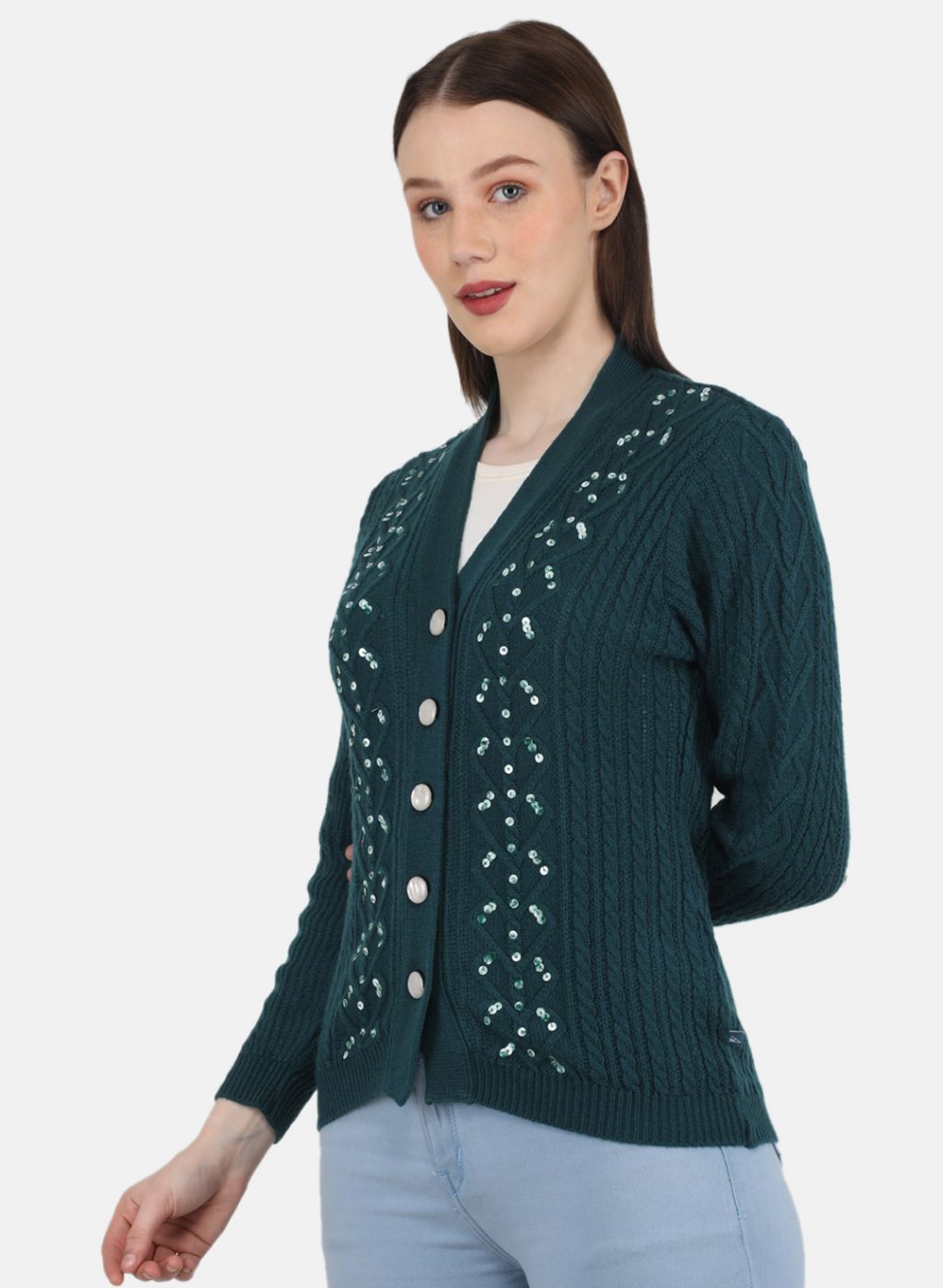 Women Green Self Design Cardigan