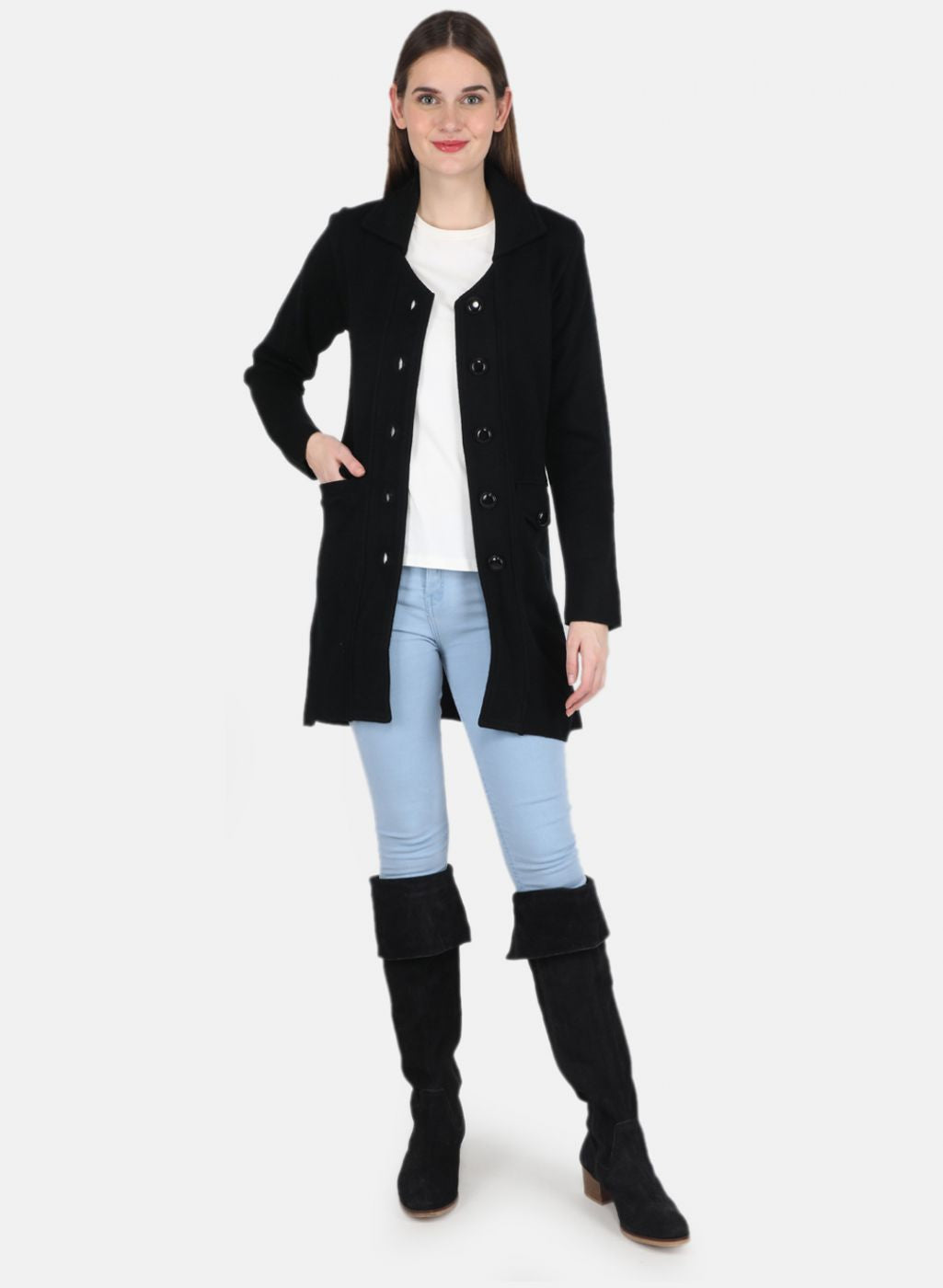 Women Black Self design Coat