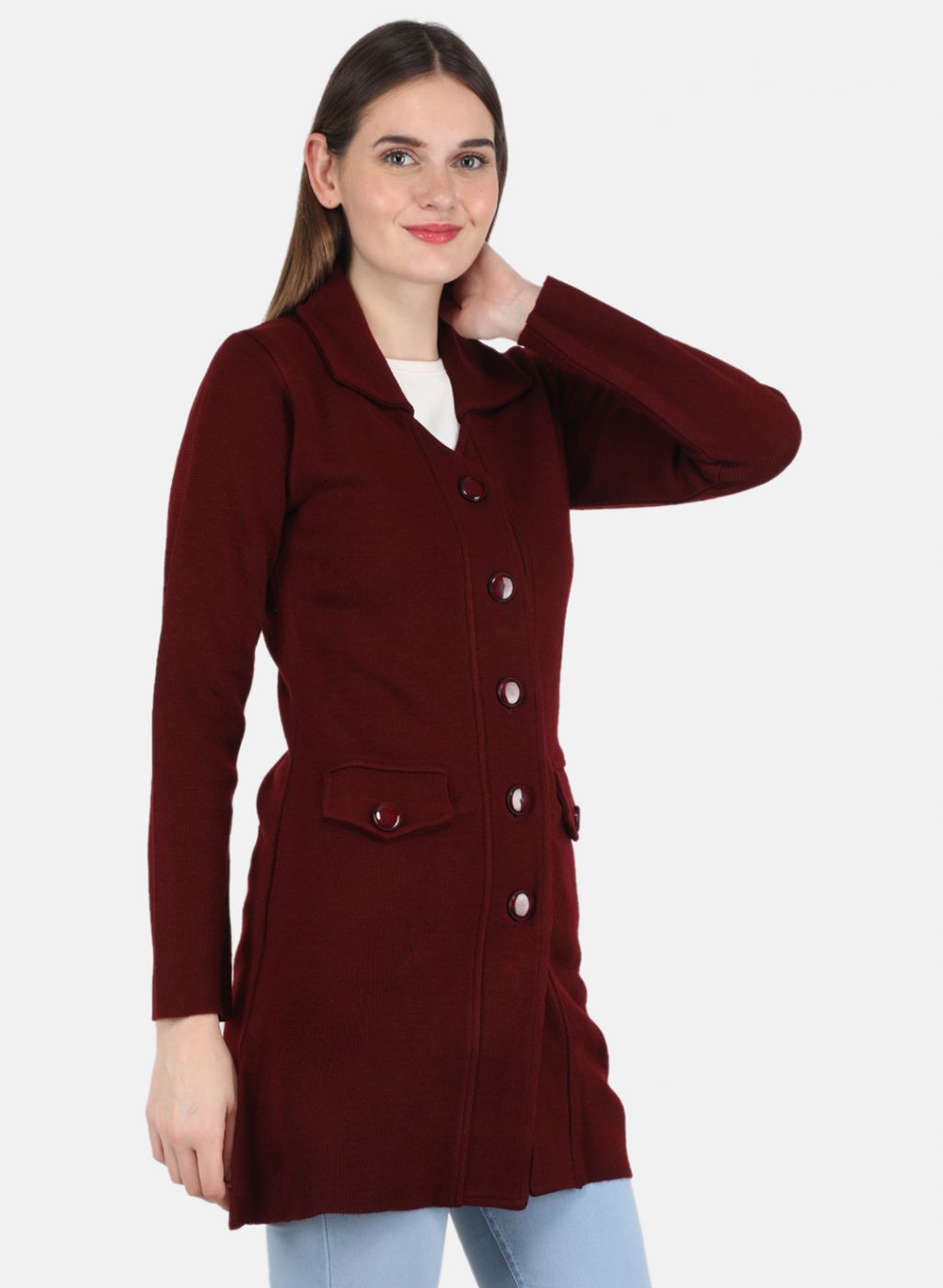 Women Maroon Self design Coat