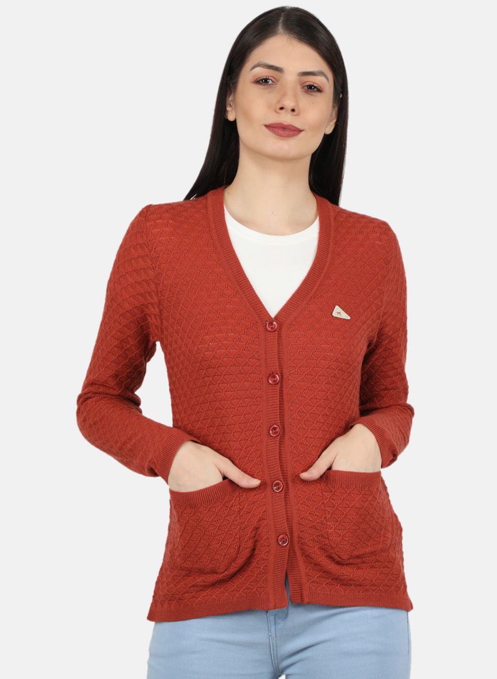 Women Rust Orange Self Design Cardigan