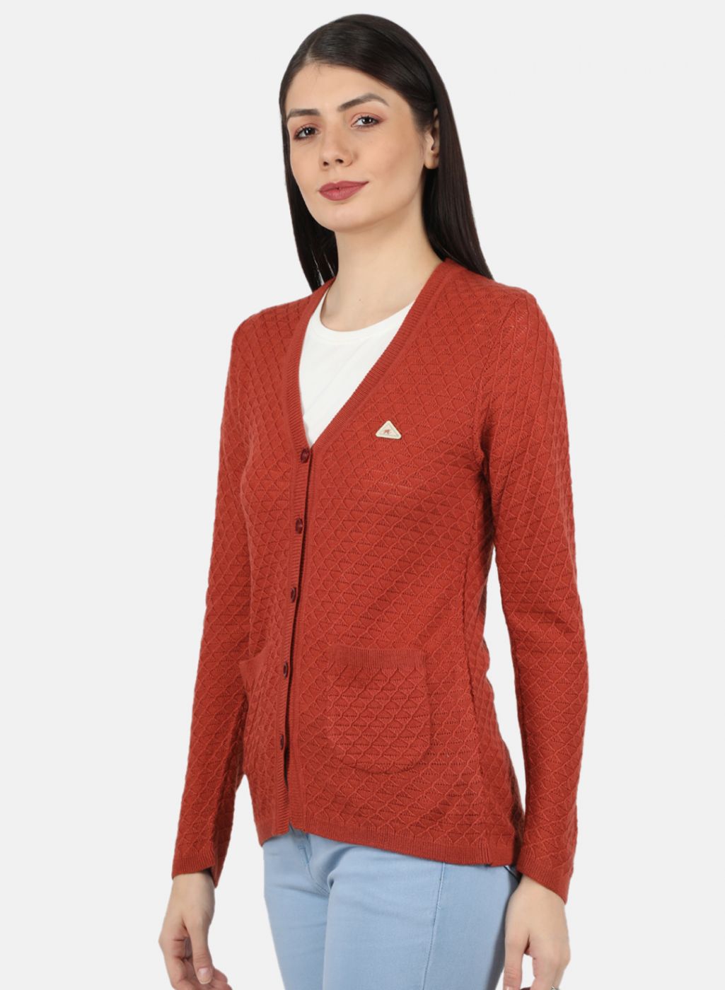 Women Rust Orange Self Design Cardigan