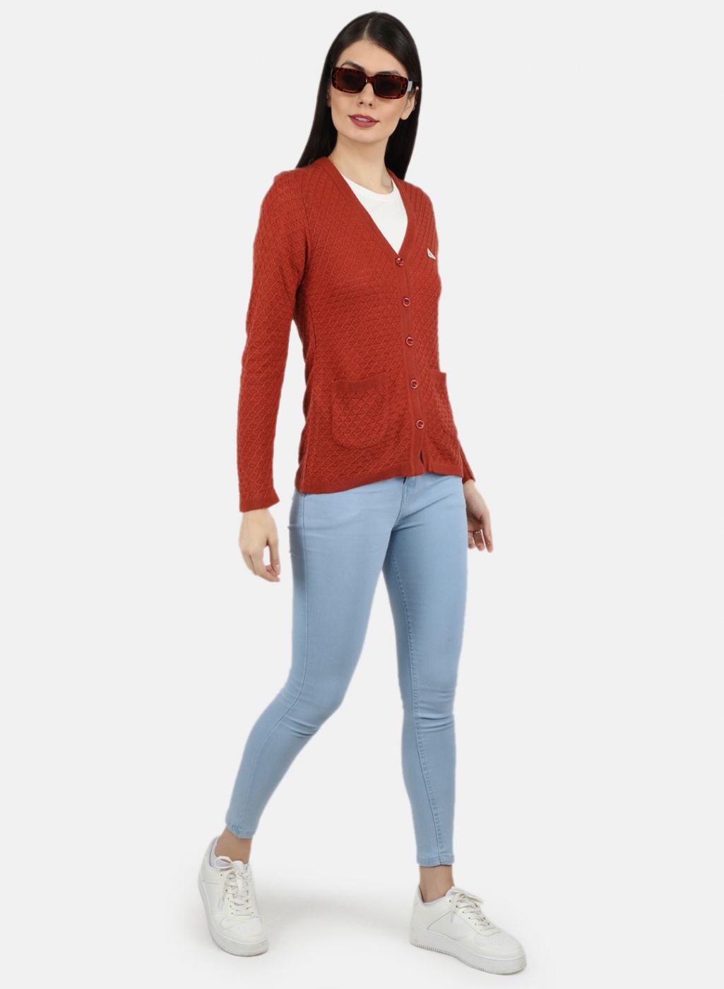Women Rust Orange Self Design Cardigan