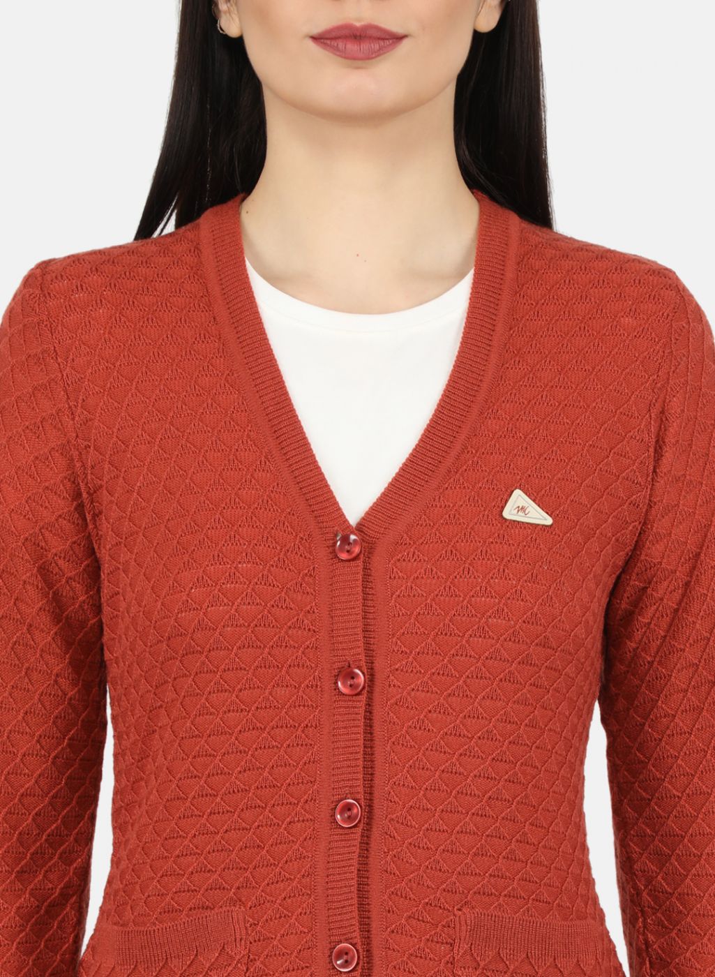 Women Rust Orange Self Design Cardigan