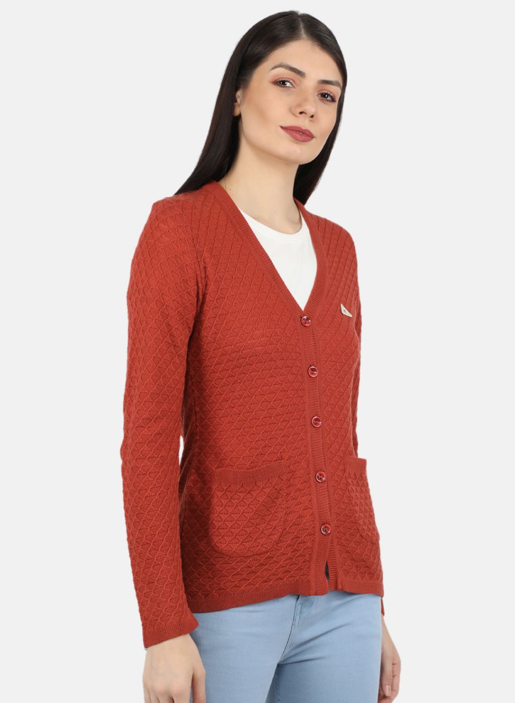 Women Rust Orange Self Design Cardigan