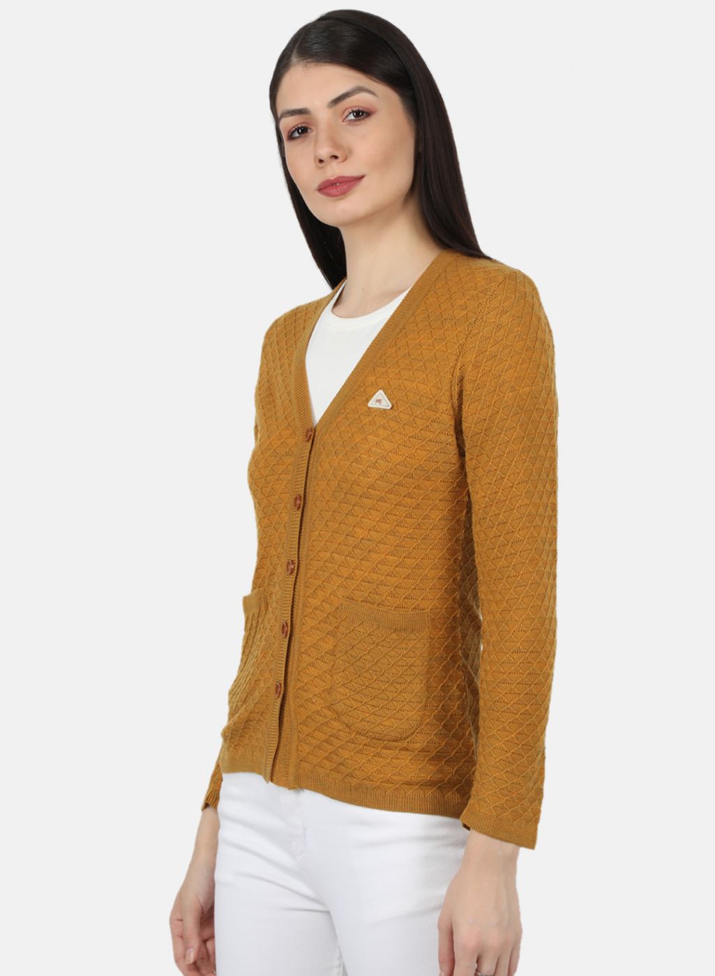 Women Yellow Self Design Cardigan