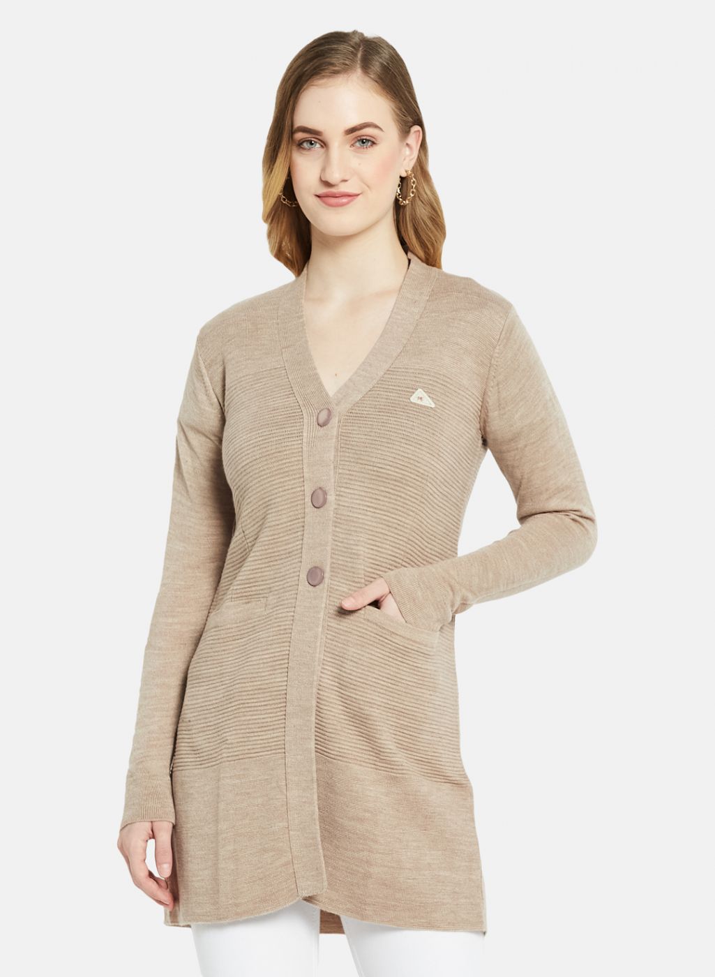 Women Beige Self Design Cardigan