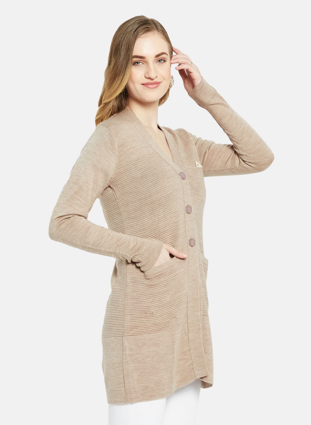 Women Beige Self Design Cardigan