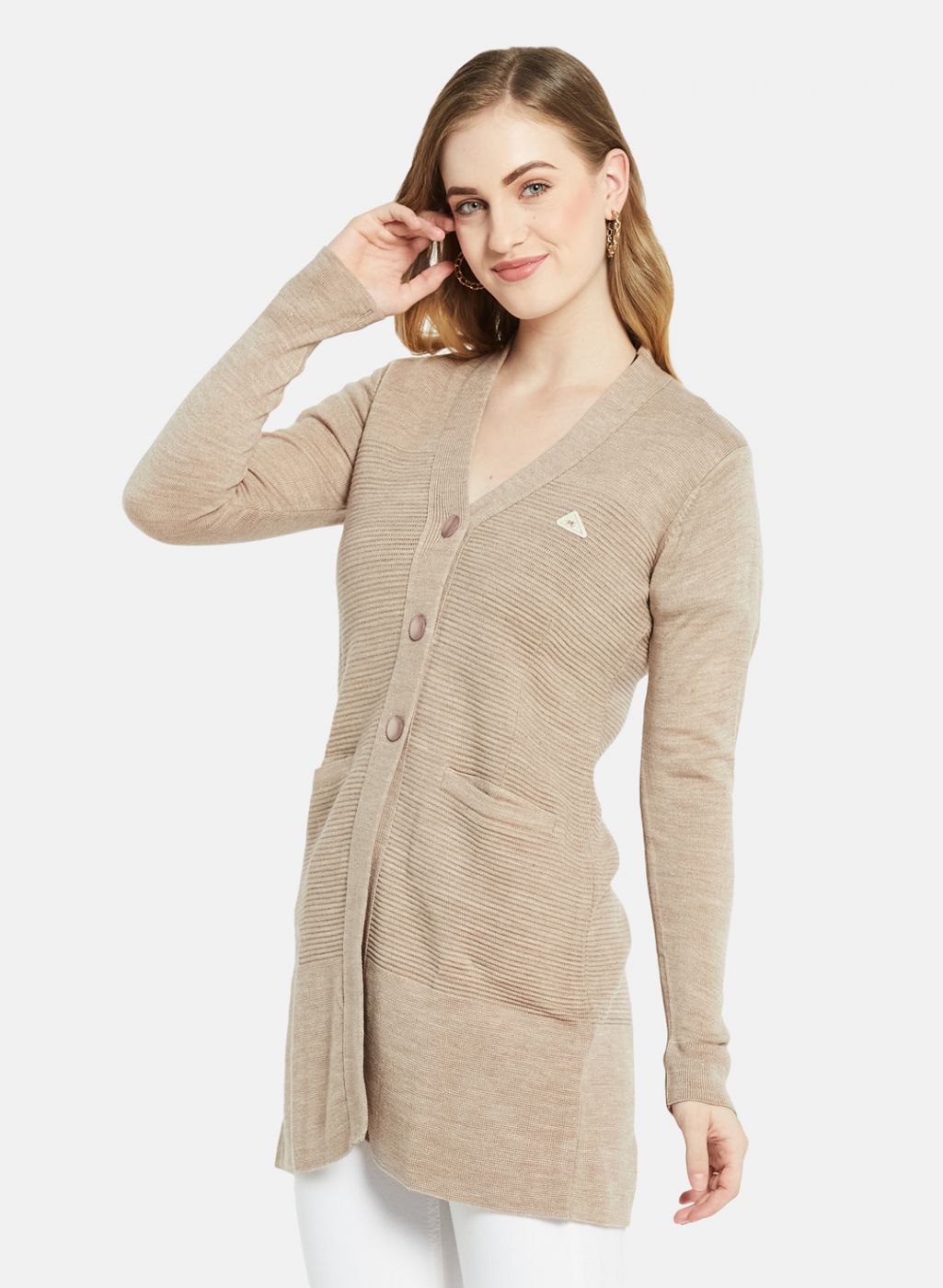 Women Beige Self Design Cardigan