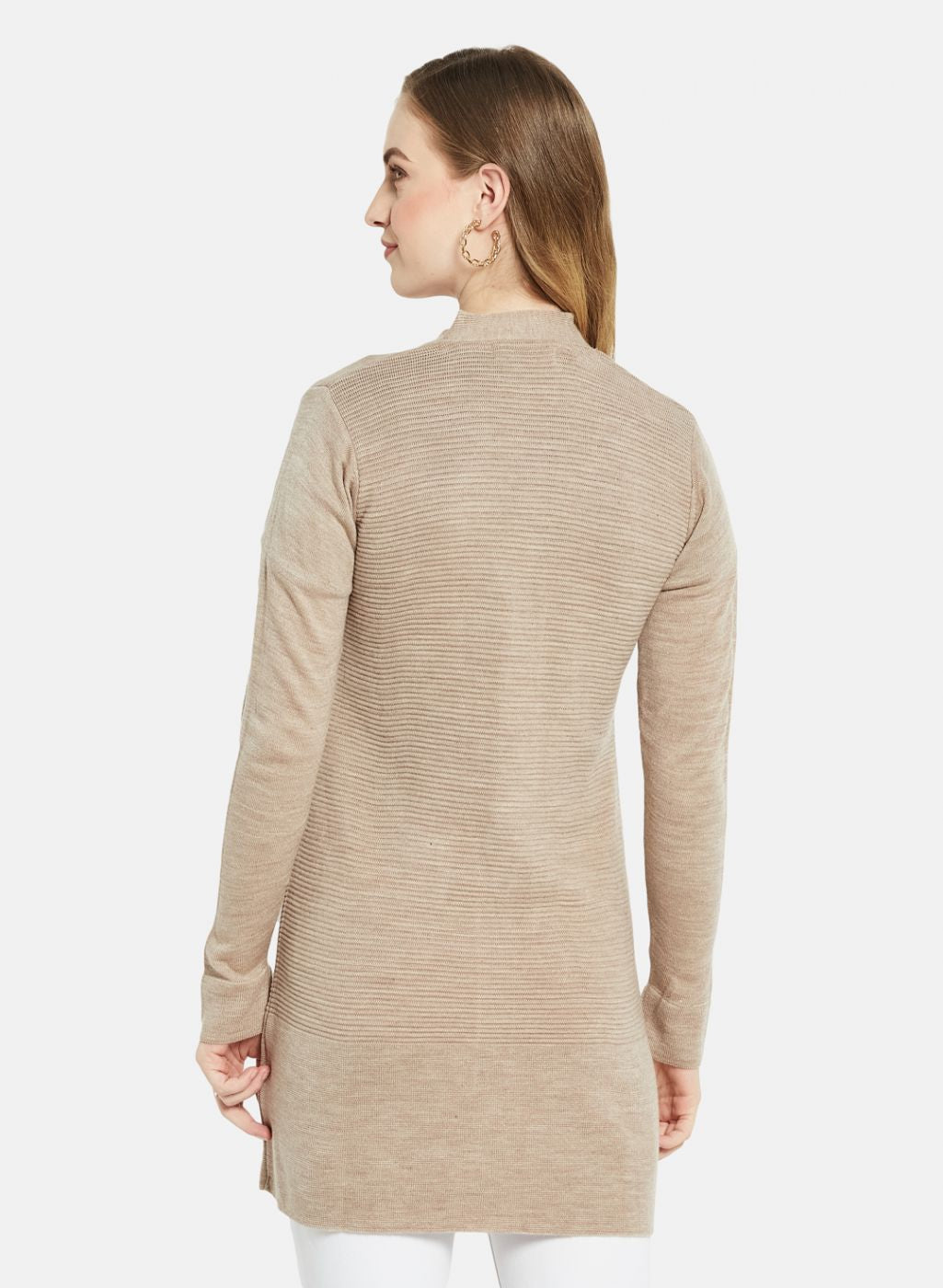 Women Beige Self Design Cardigan