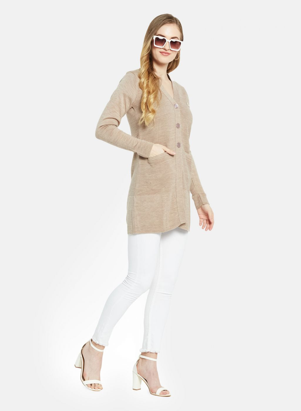 Women Beige Self Design Cardigan