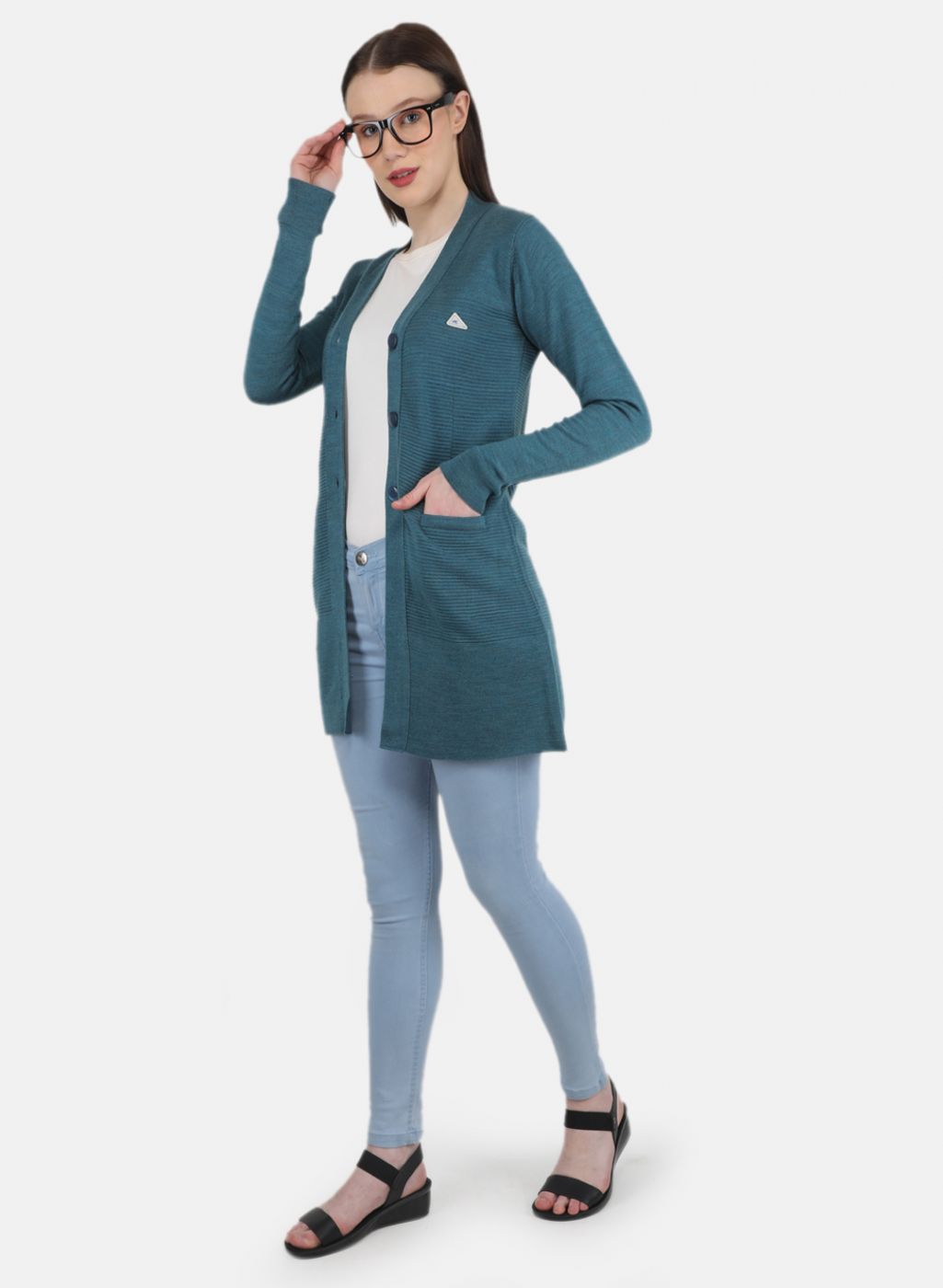 Women Blue Self Design Cardigan