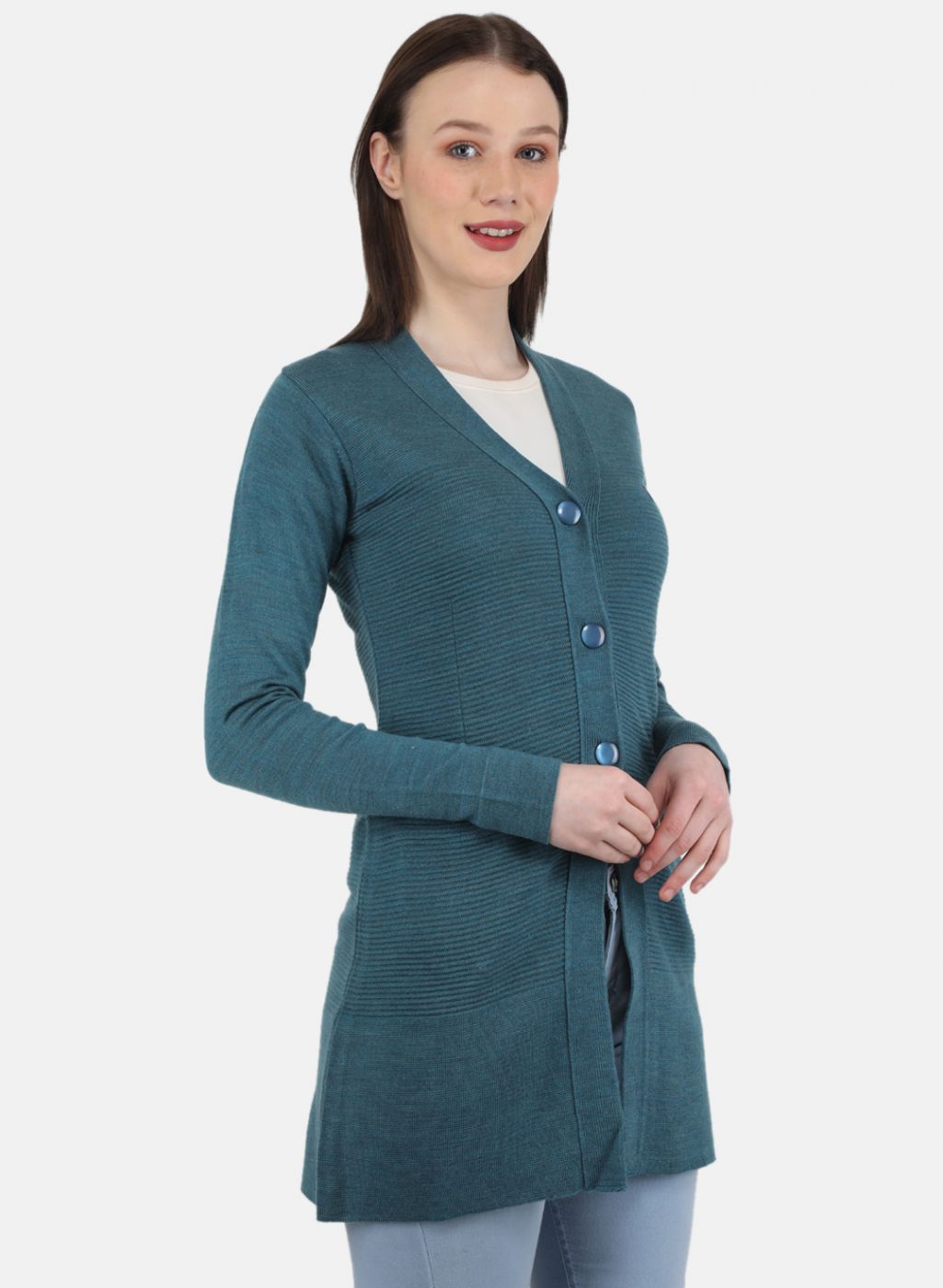 Women Blue Self Design Cardigan
