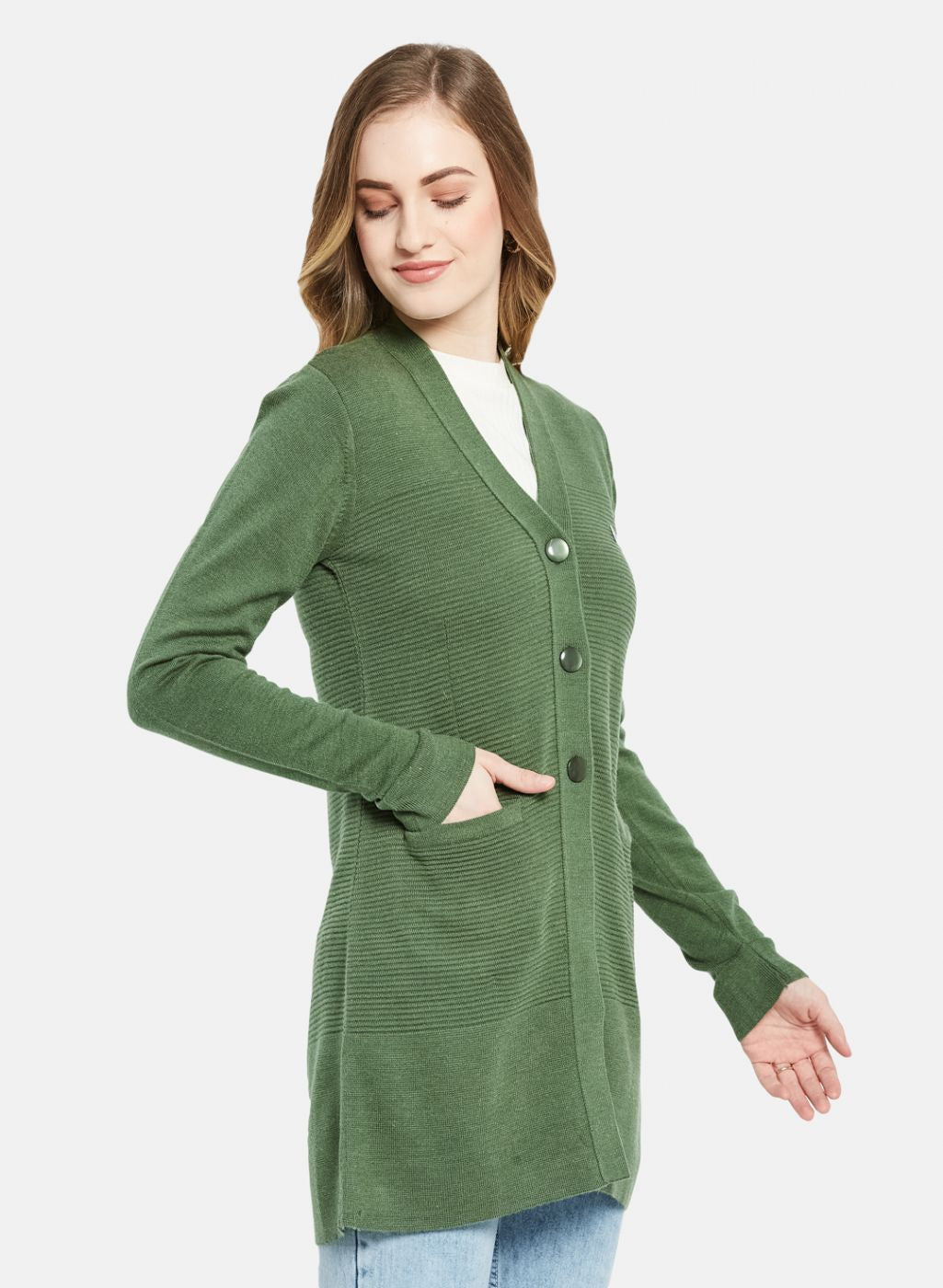 Women Green Self Design Cardigan
