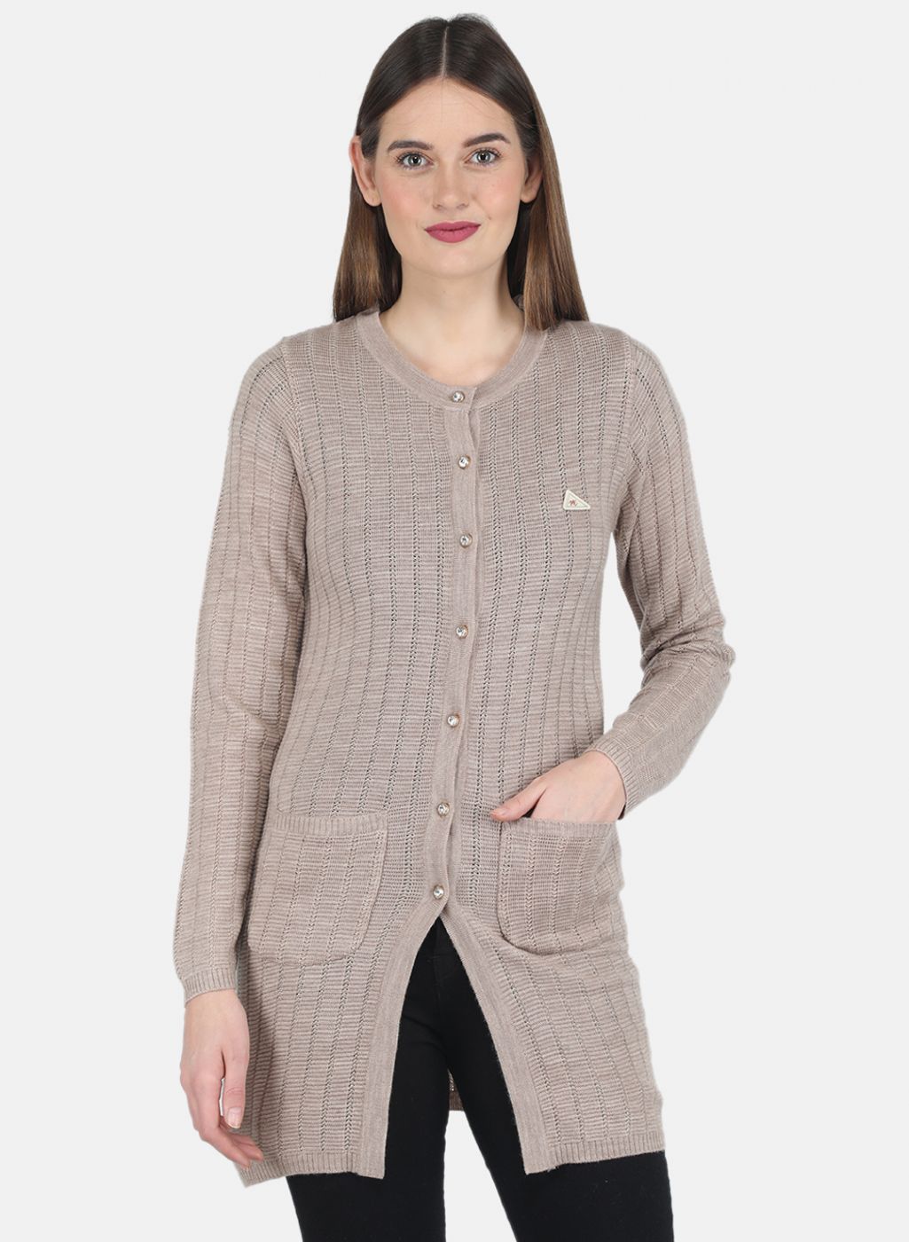 Women Beige Self design Cardigan