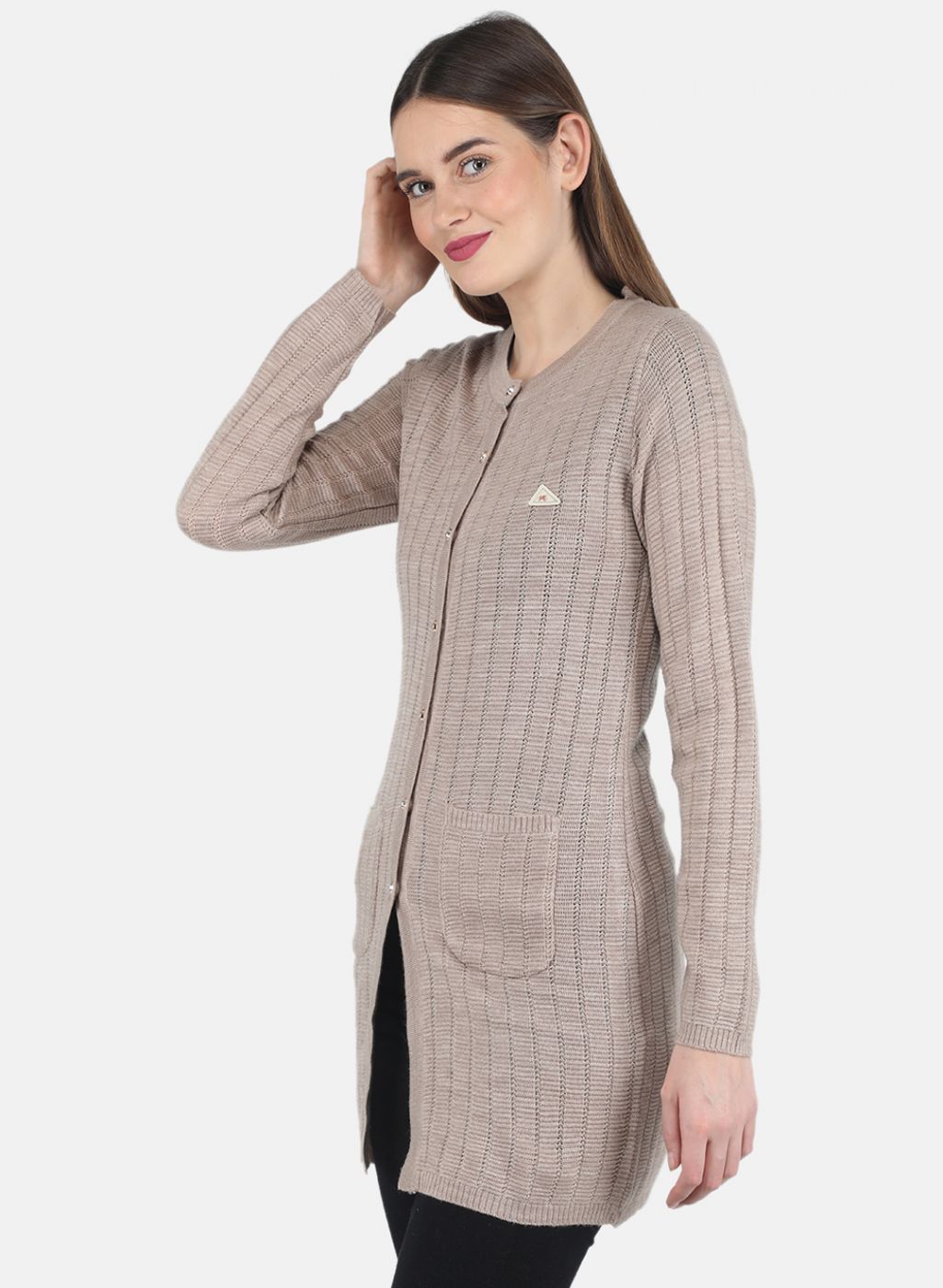 Women Beige Self design Cardigan