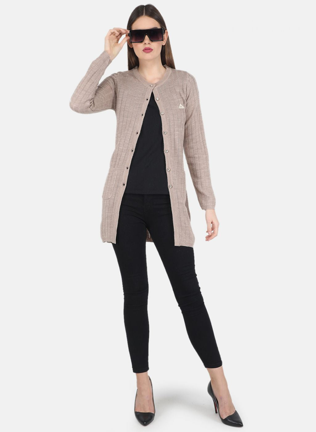 Women Beige Self design Cardigan