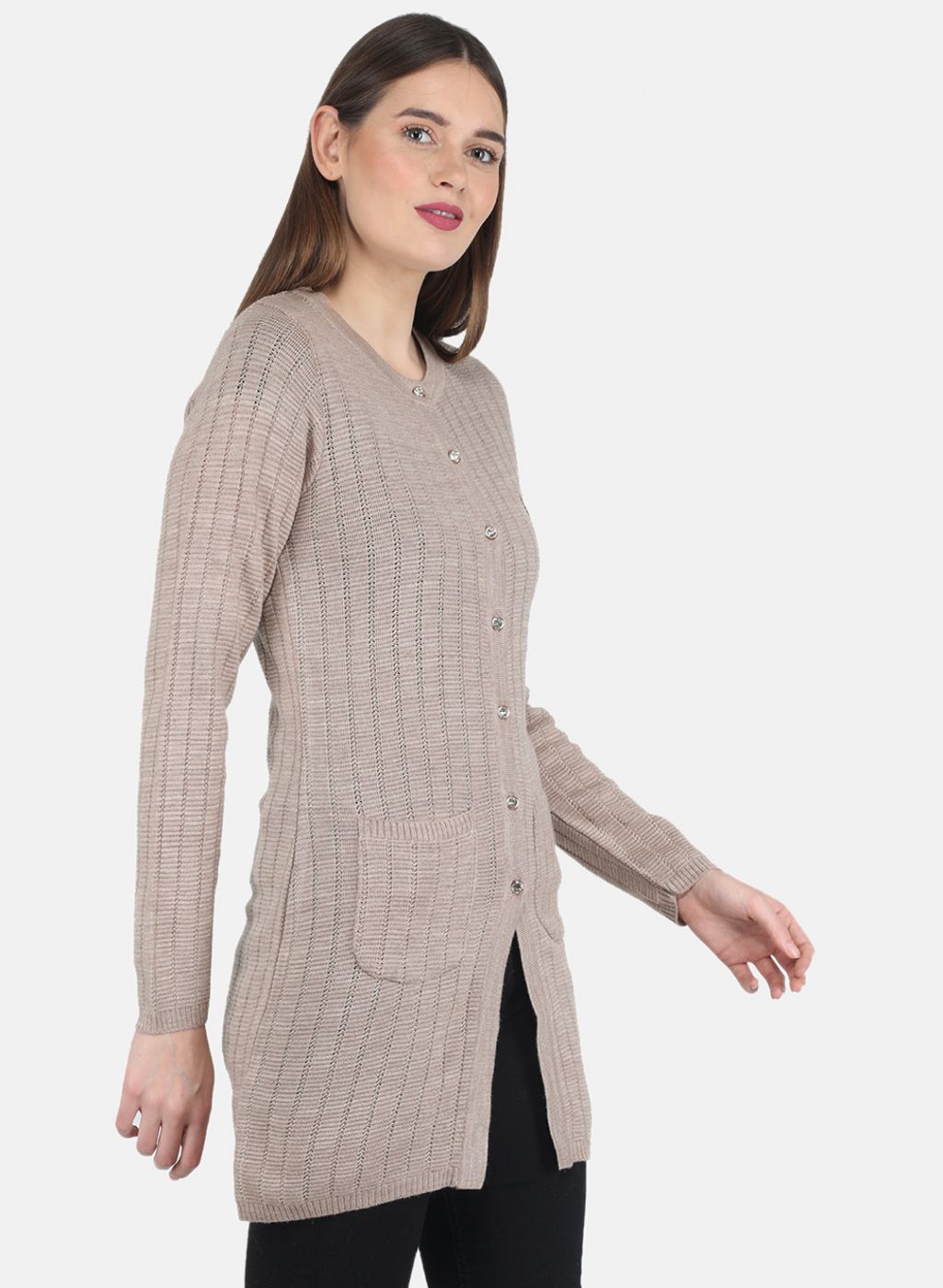 Women Beige Self design Cardigan