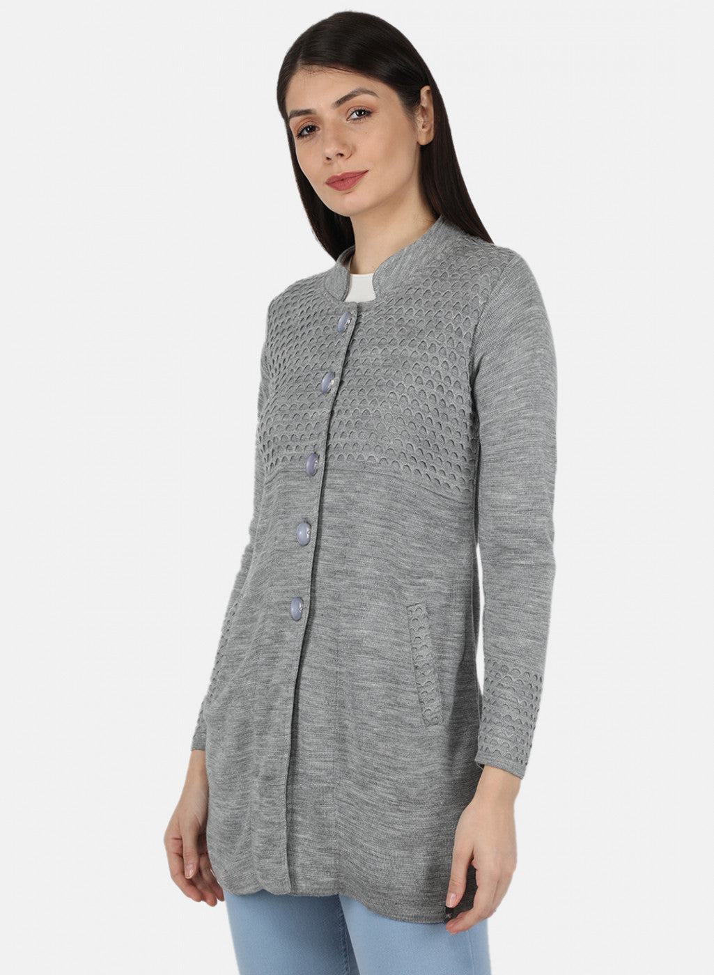 Women Grey Self Design Coat