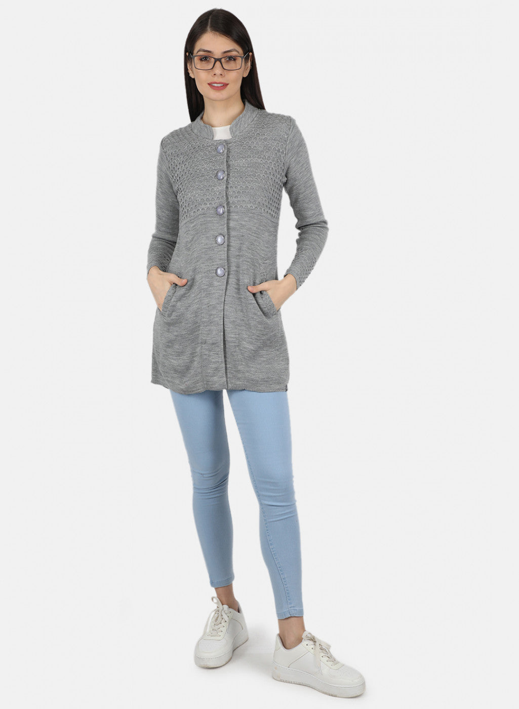 Women Grey Self Design Coat