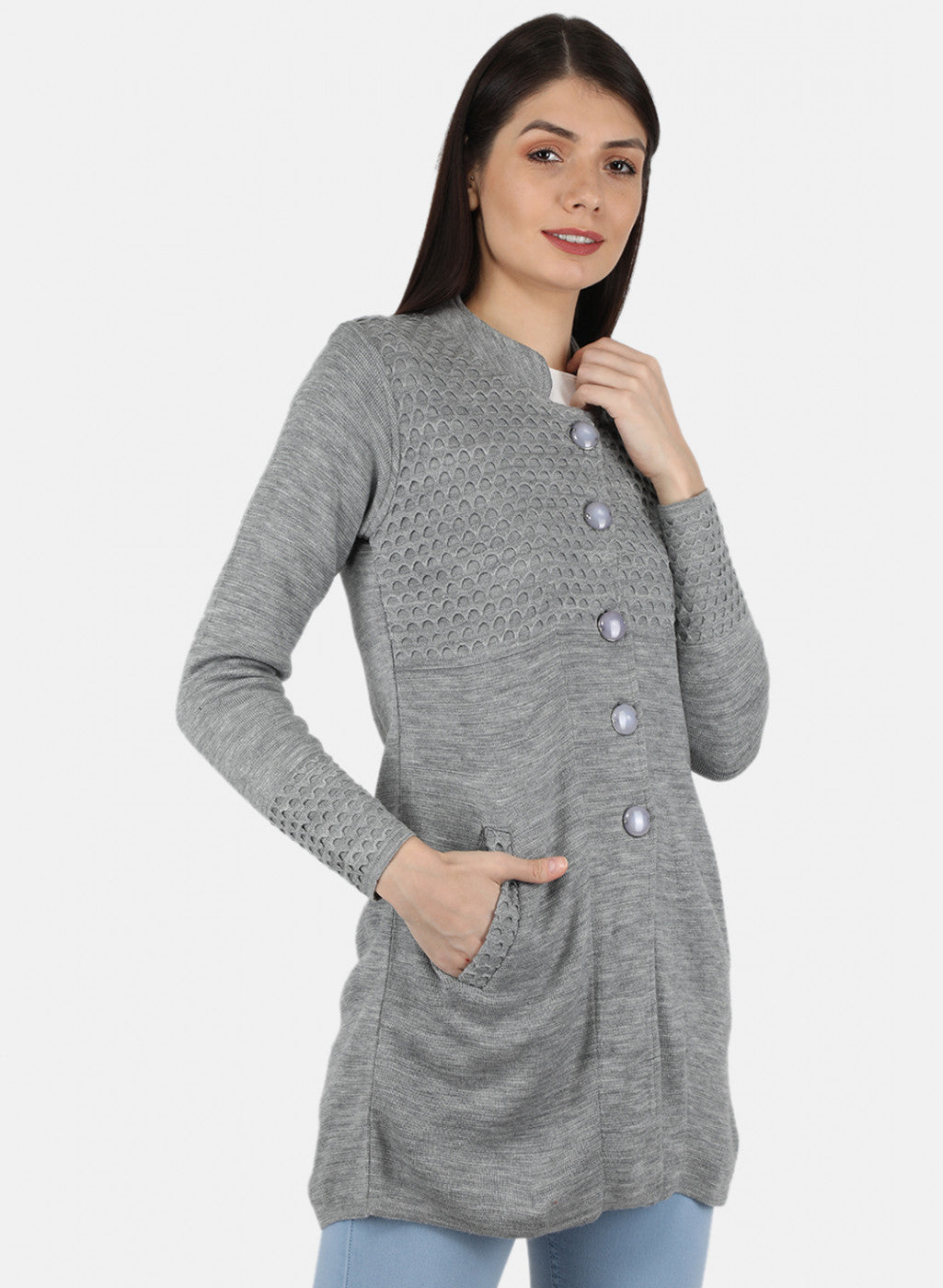 Women Grey Self Design Coat