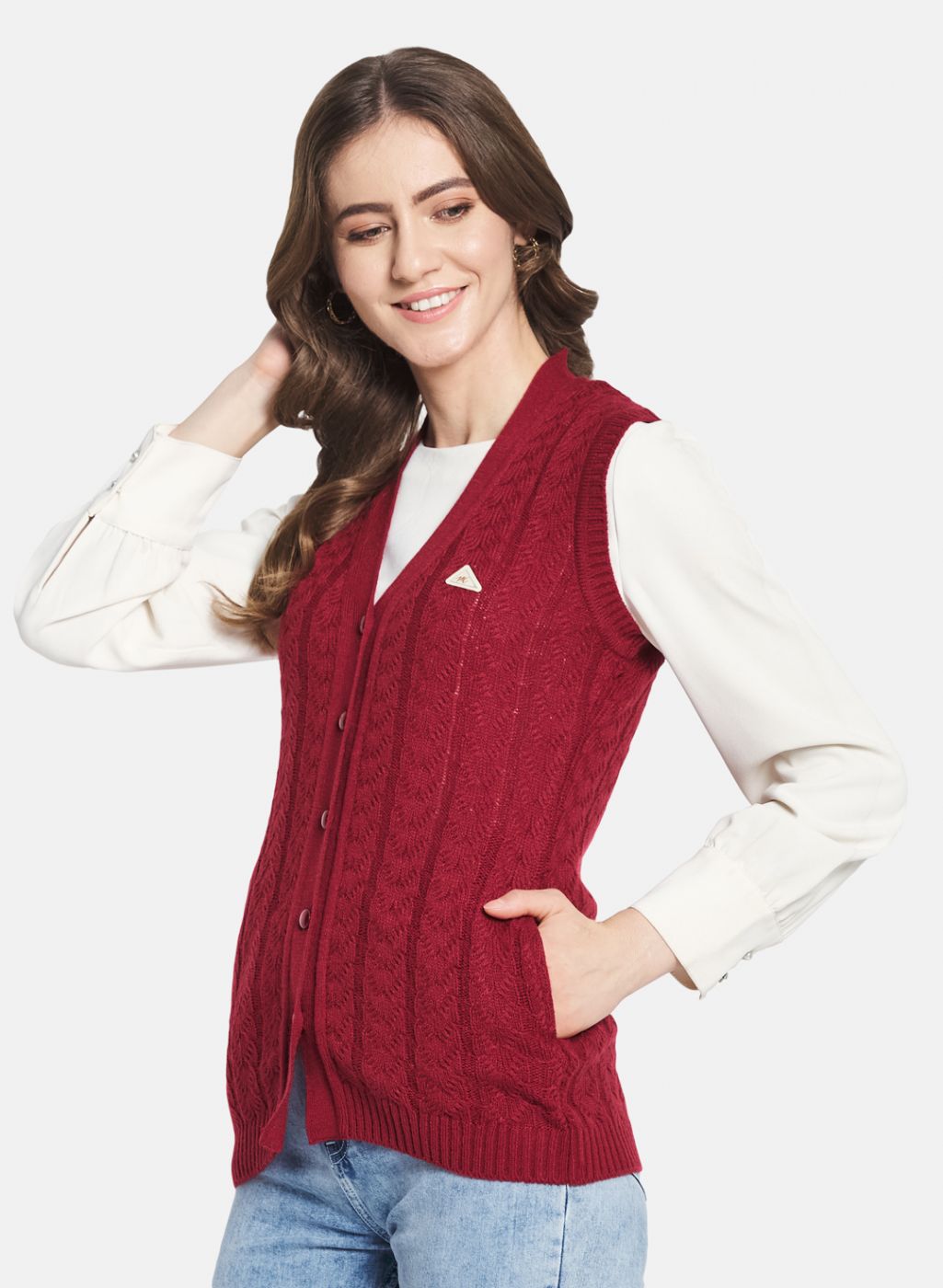 Women Maroon Self Design Cardigan