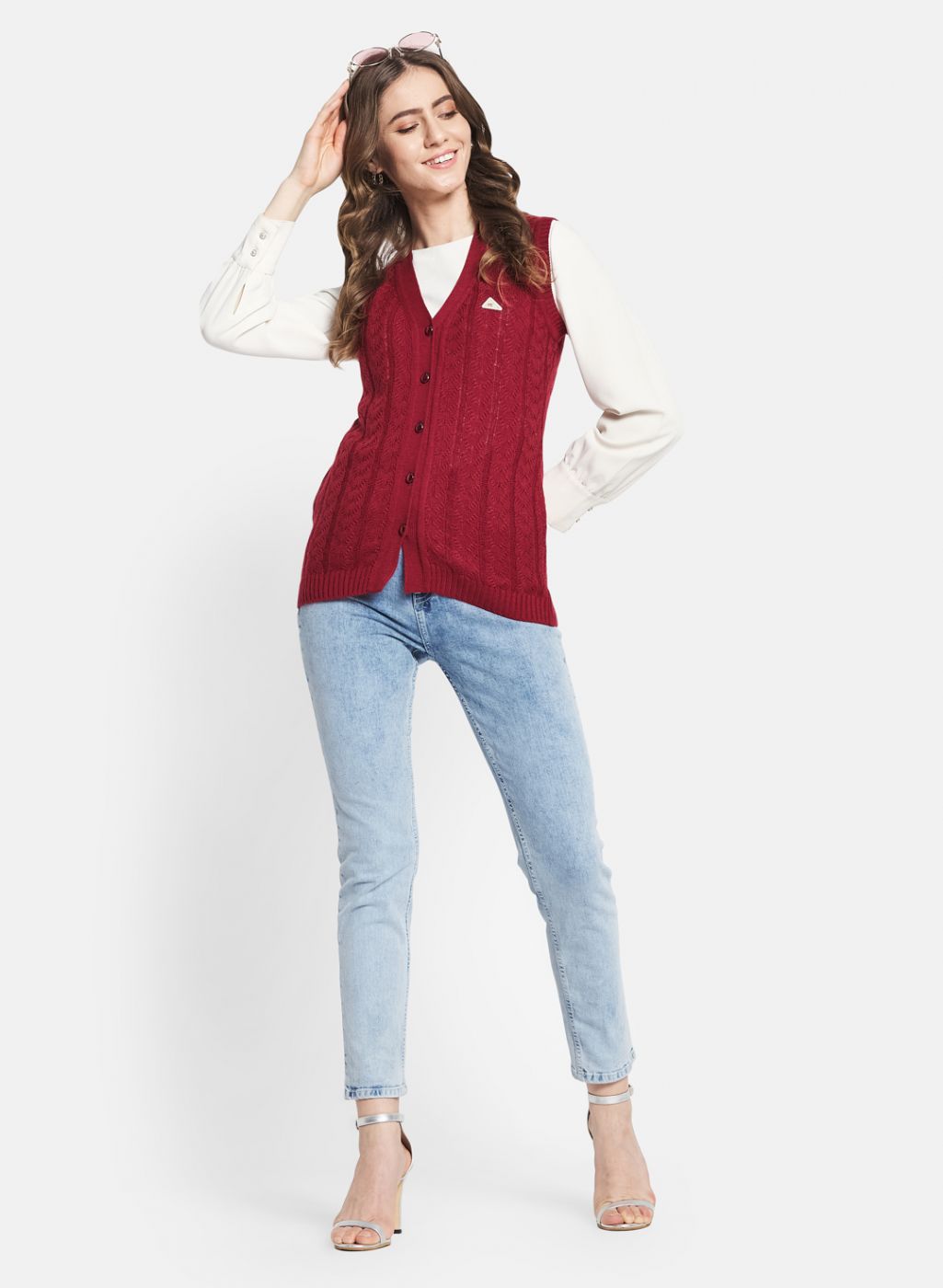 Women Maroon Self Design Cardigan