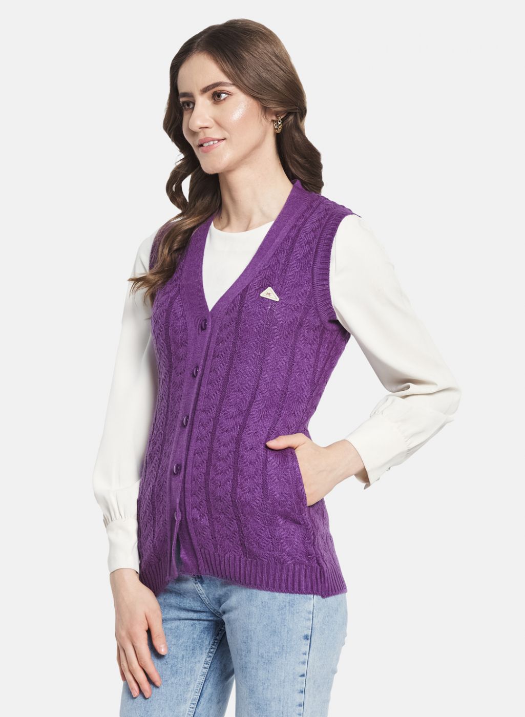 Women Purple Self Design Cardigan
