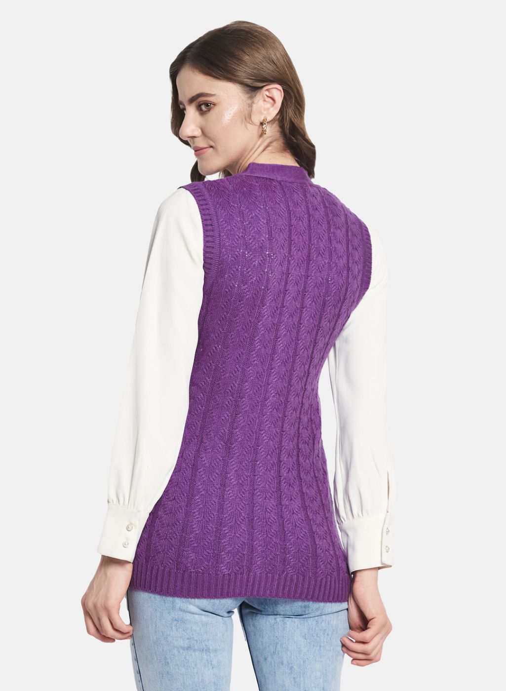 Women Purple Self Design Cardigan