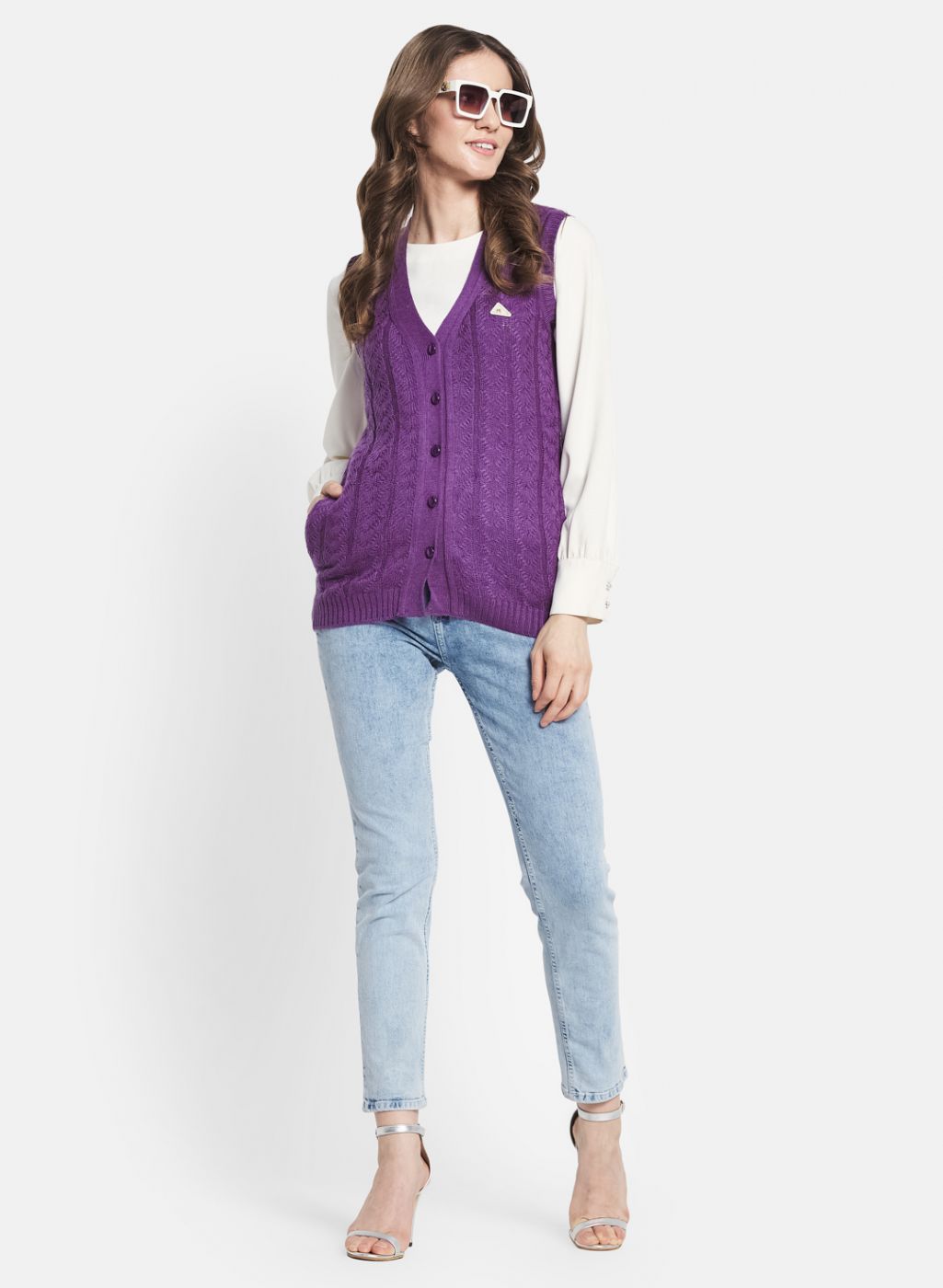 Women Purple Self Design Cardigan