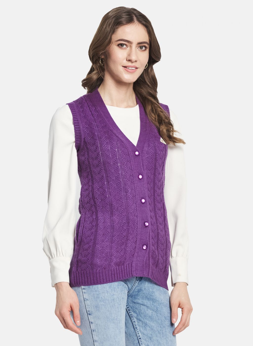 Women Purple Self Design Cardigan