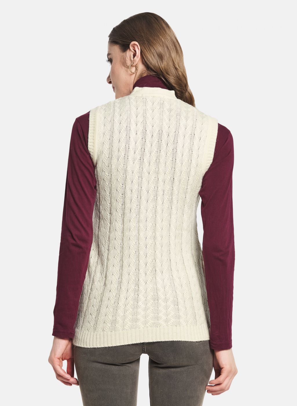 Women Off White Self Design Cardigan