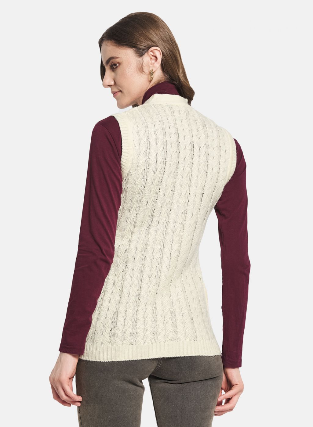Women Off White Self Design Cardigan