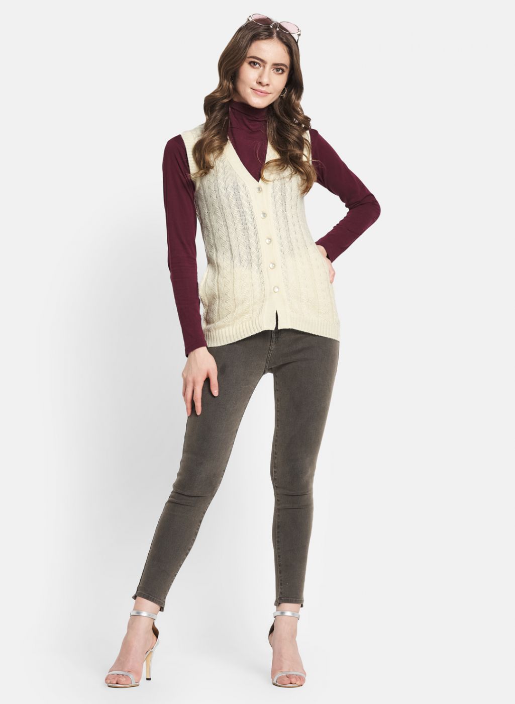 Women Off White Self Design Cardigan