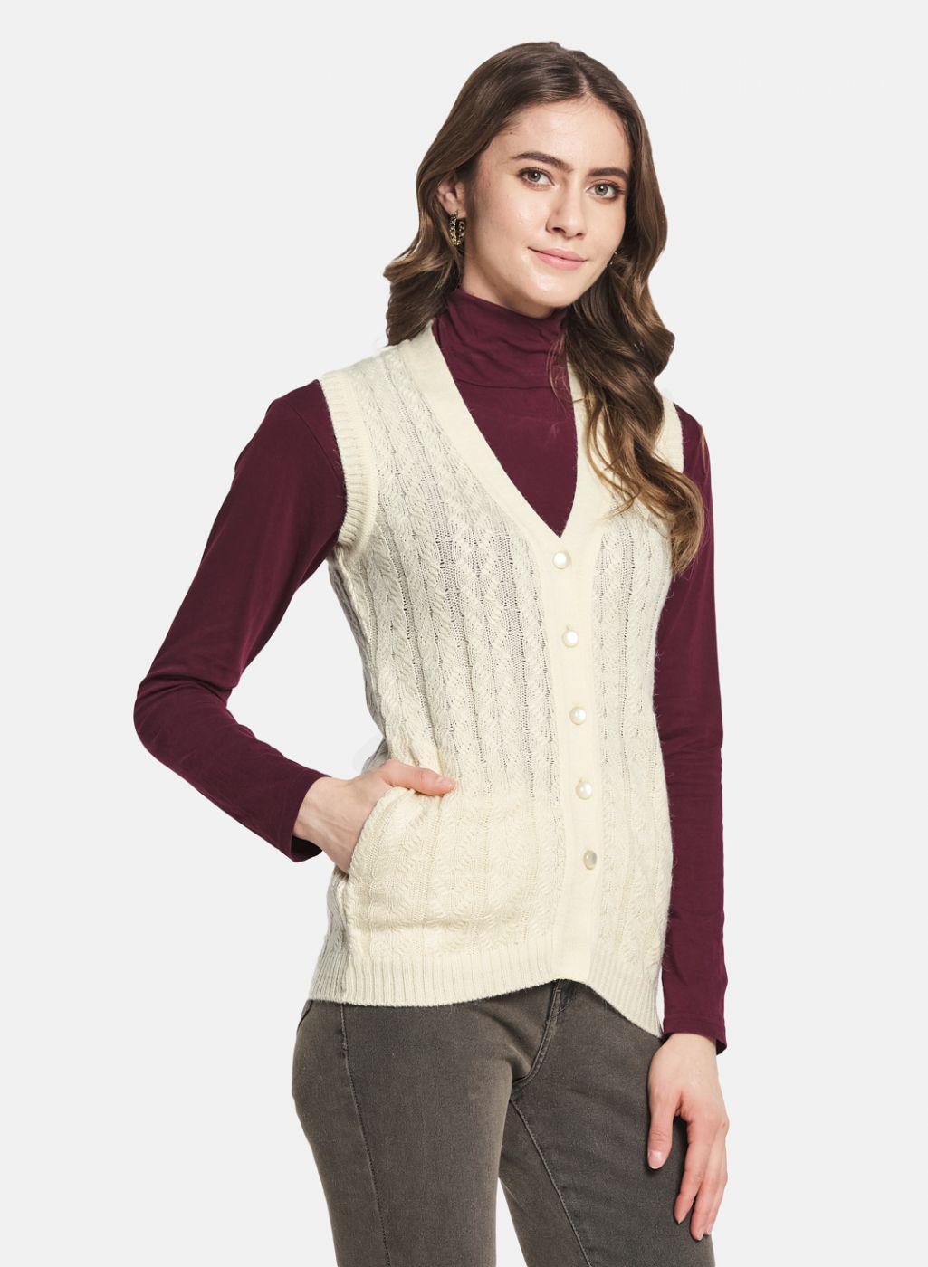 Women Off White Self Design Cardigan