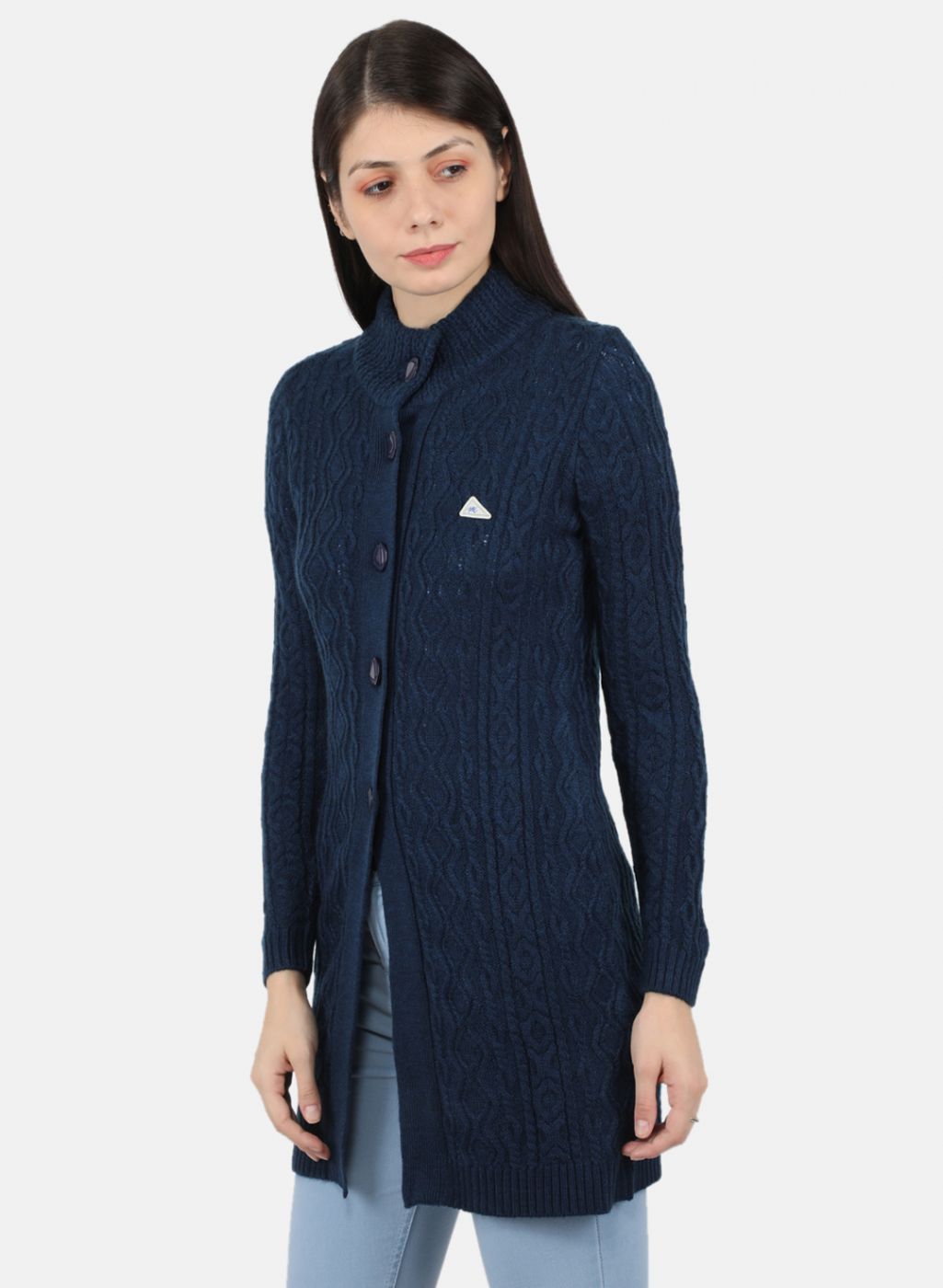 Women Navy Blue Self Design Cardigan