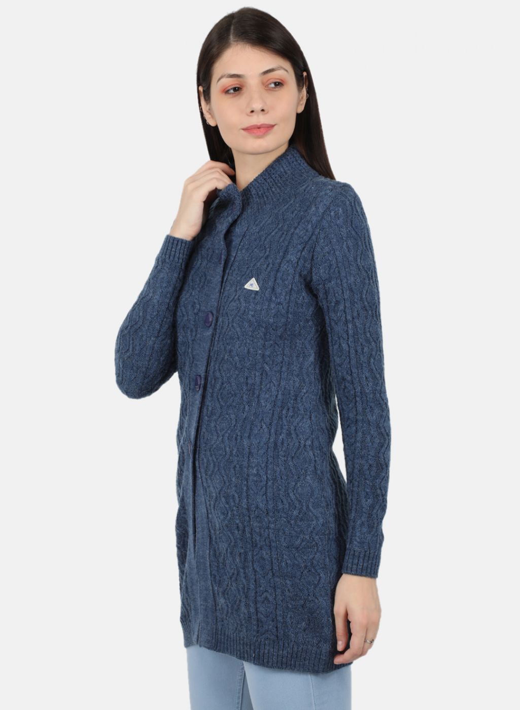 Women Blue Self Design Cardigan