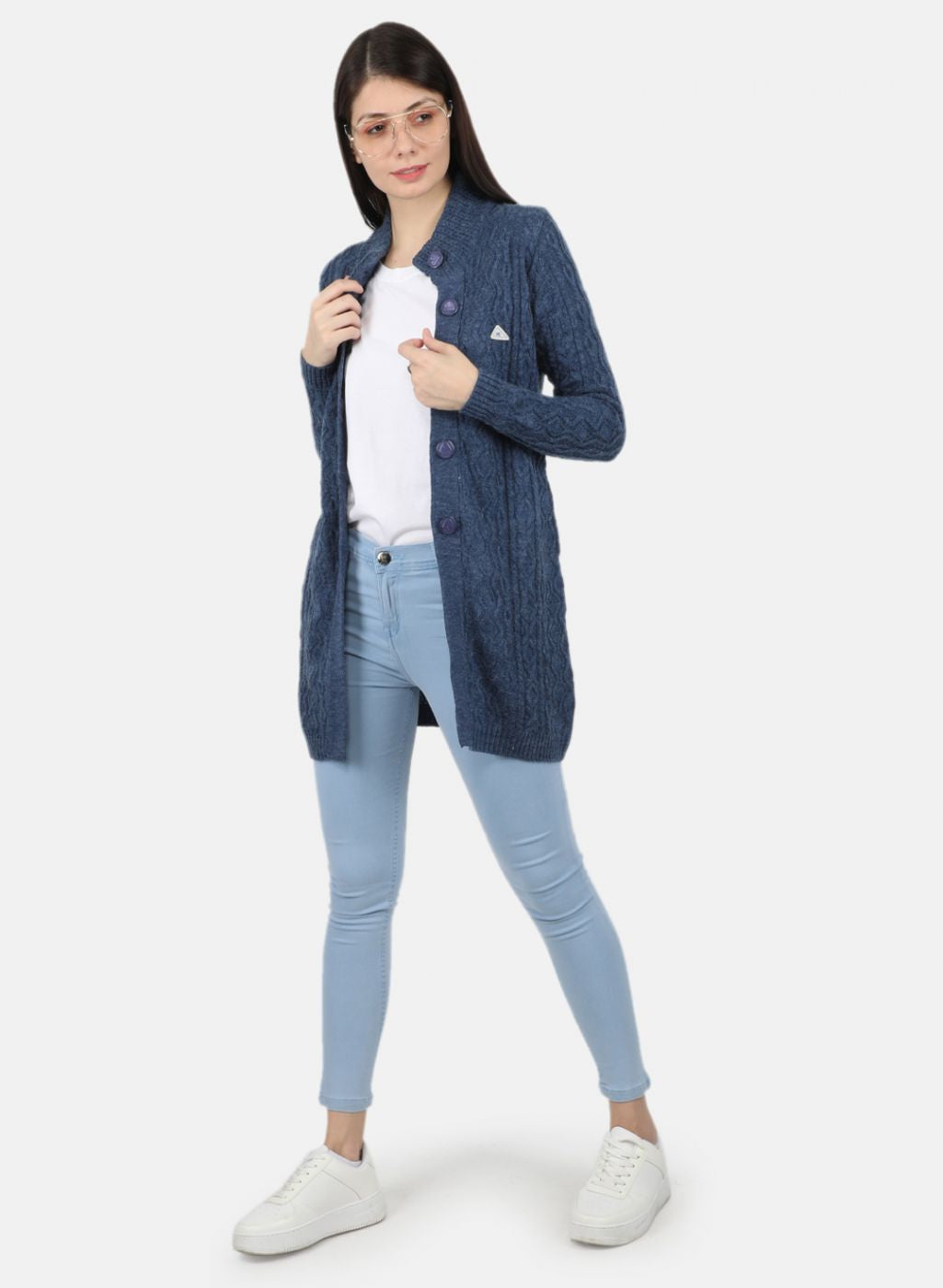 Women Blue Self Design Cardigan