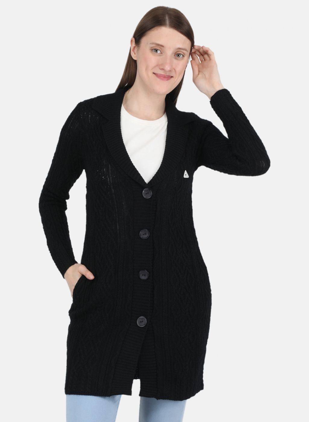 Women Black Self design Cardigan